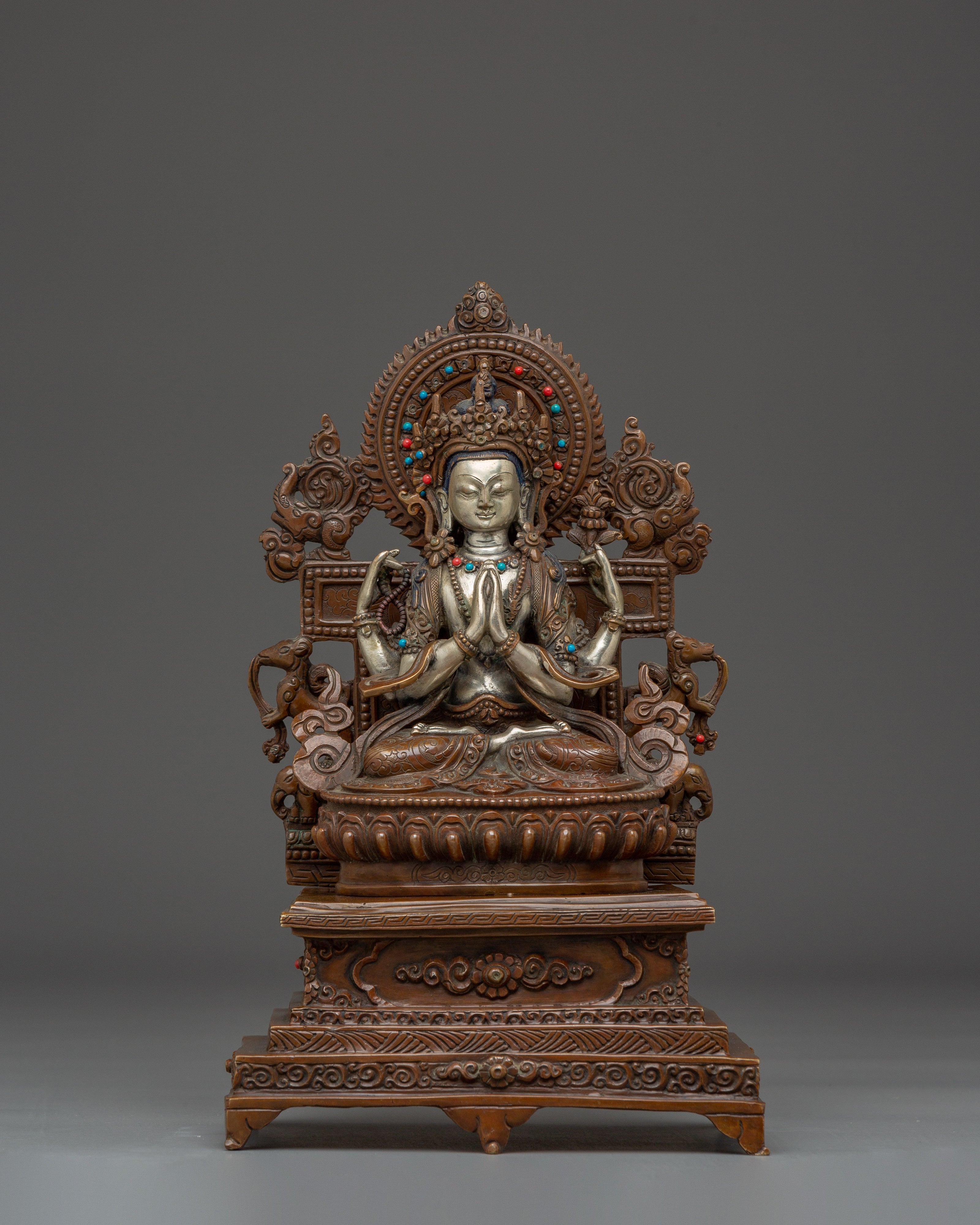 Chenrezig Sculpture with Ornate Throne for Spiritual
