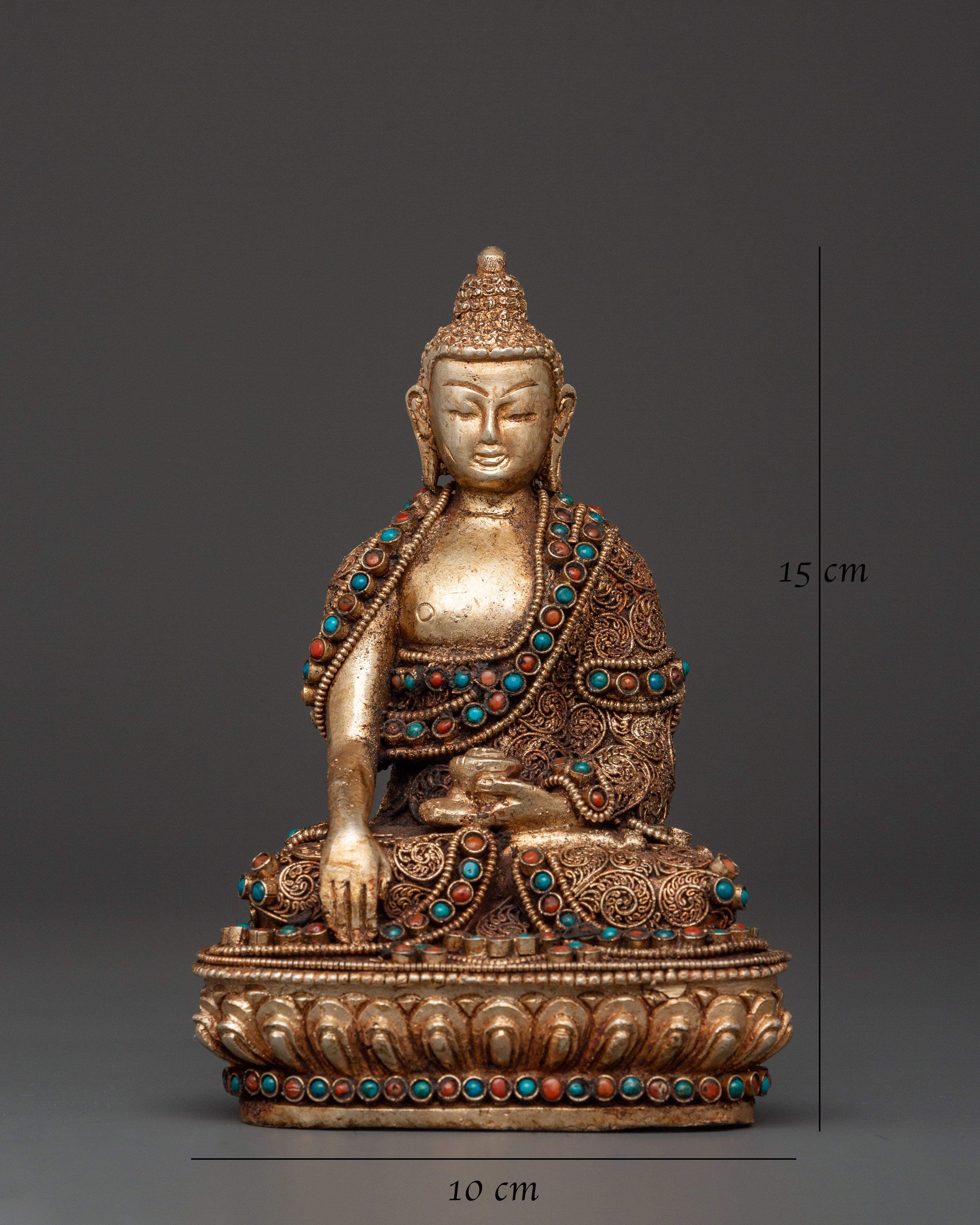 Filigree Shakyamuni Buddha Sculpture | Silver Plated Copper Statue