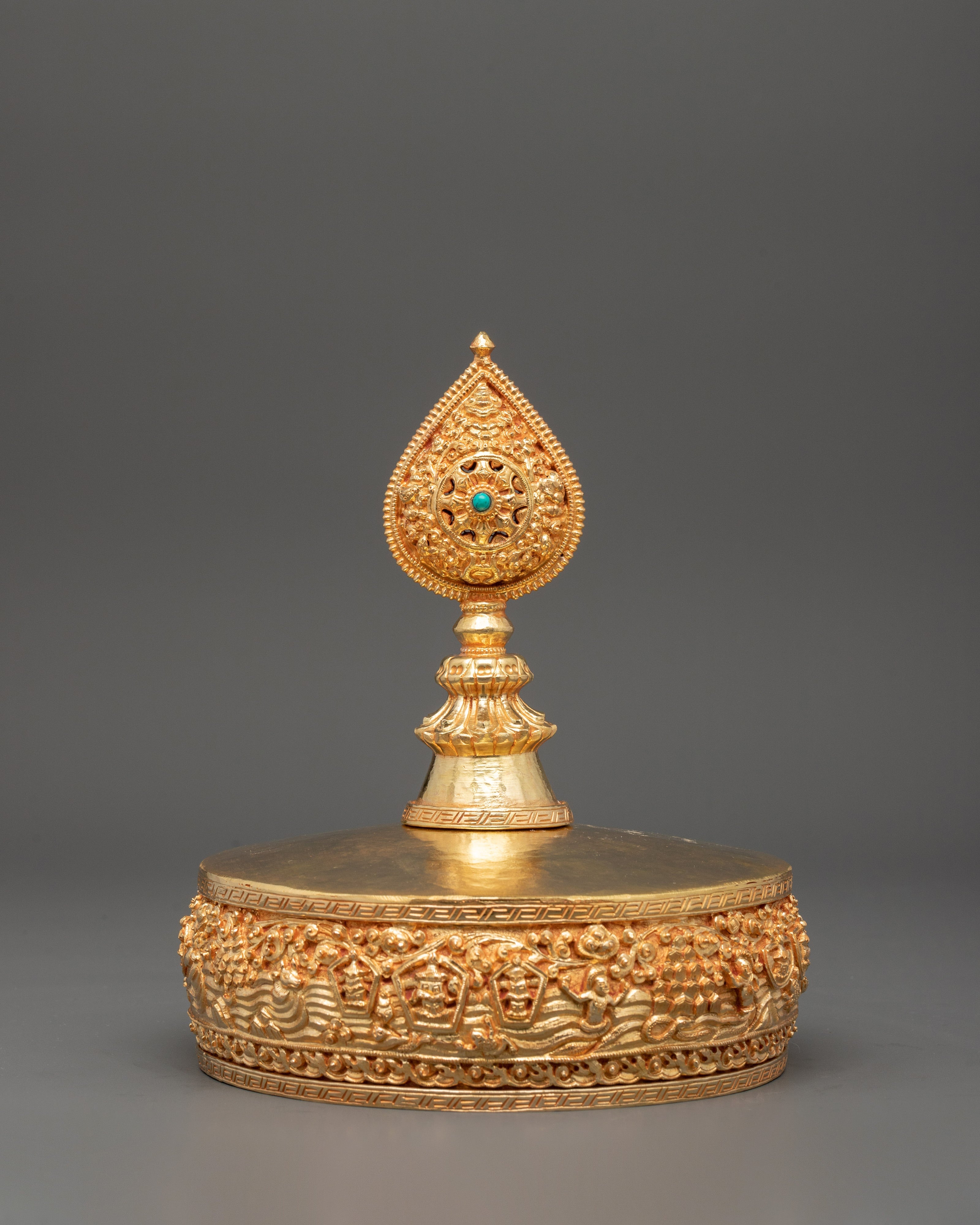 Gold Plated Tibetan Mandala Offering Set with Turquoise Stone | Spiritual Offering