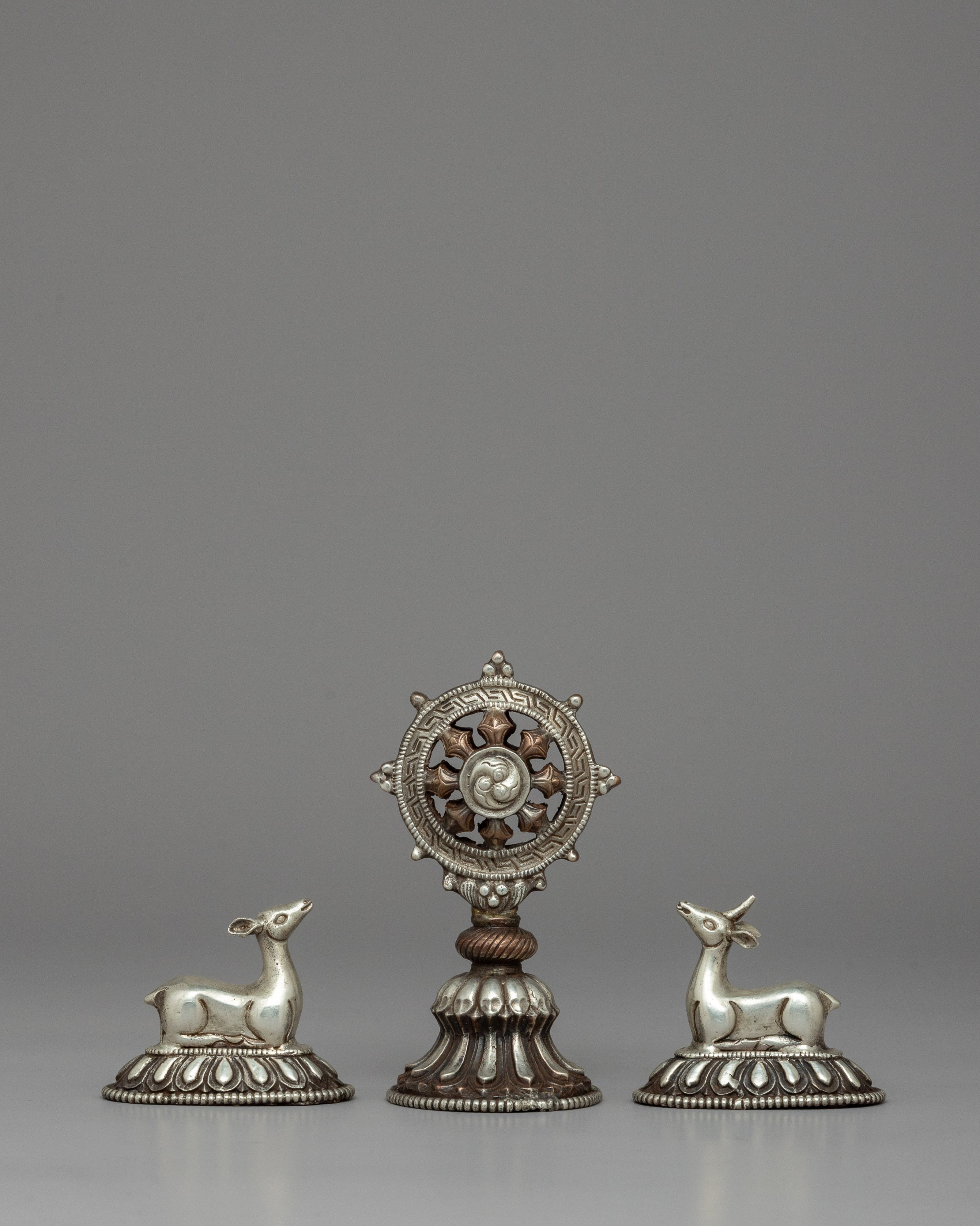 Silver-Plated Buddhist Dharma Wheel & Deer Set