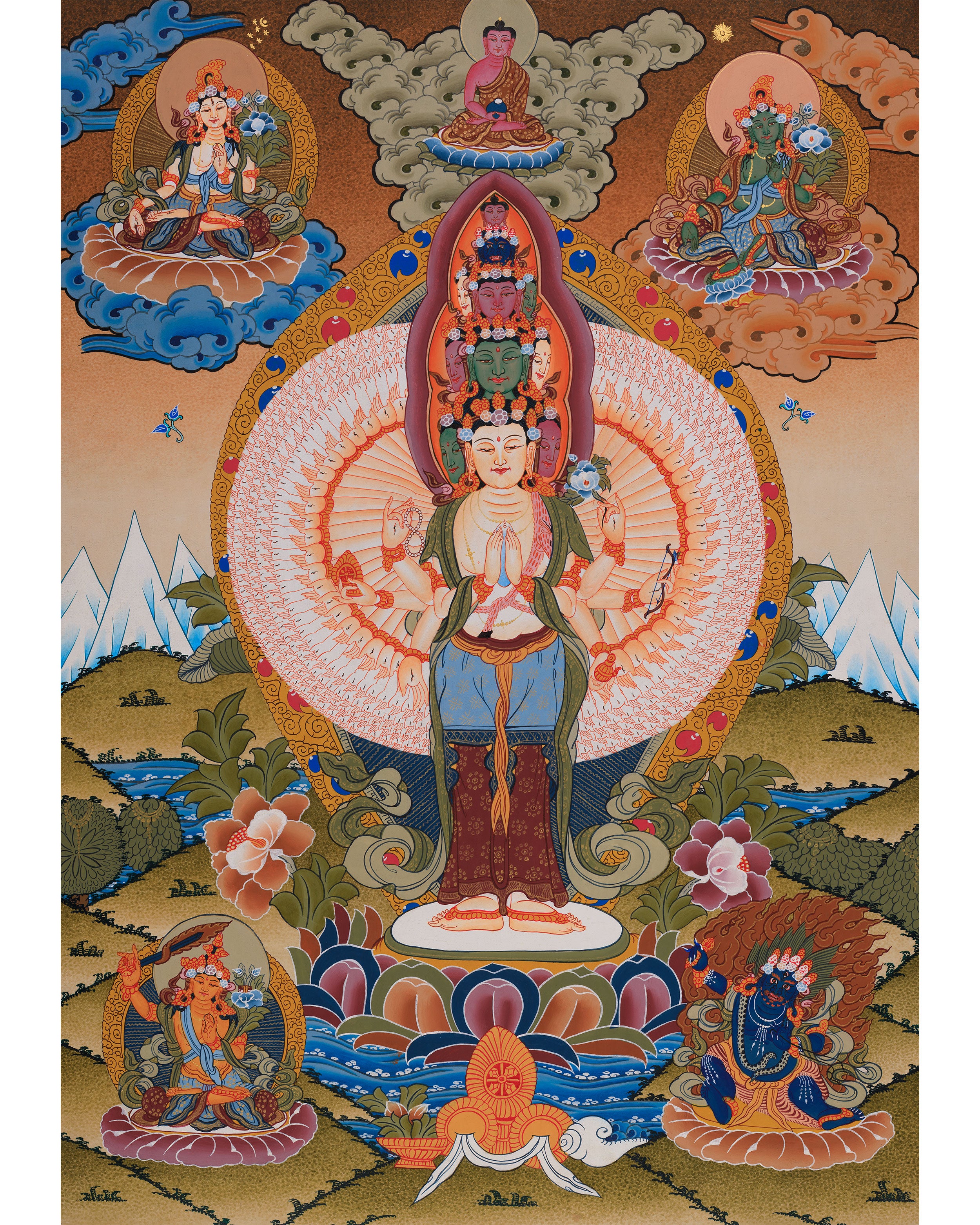 1000-Armed Avalokiteshvara Flanked Tara, Amitabha Buddha, Manjushri, and Vajrapani | Bodhisattva Chenrezig Artwork