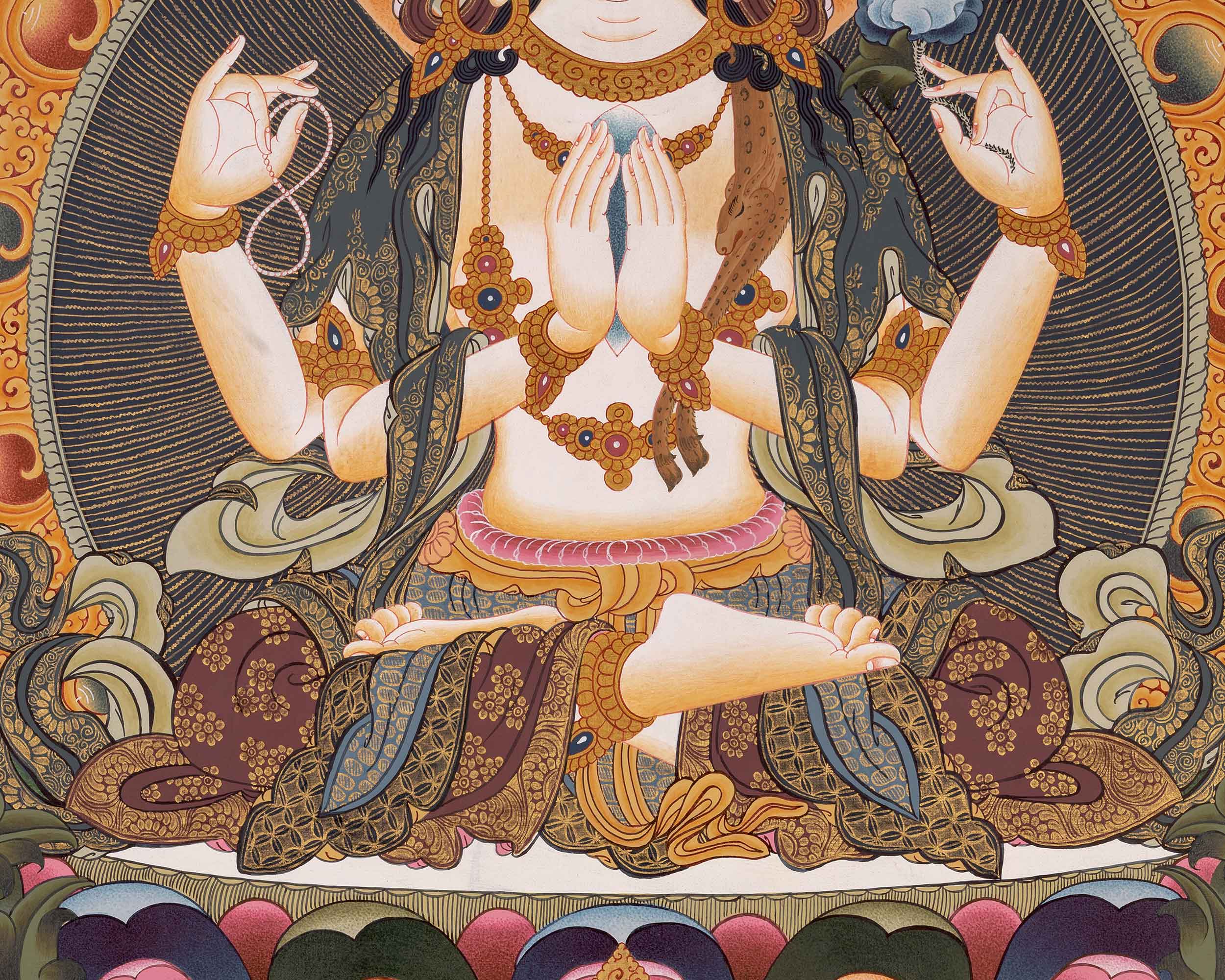 Bodhisattva Four-Armed Chenrezig Thangka | Embodying the Compassion of Avalokiteshvara