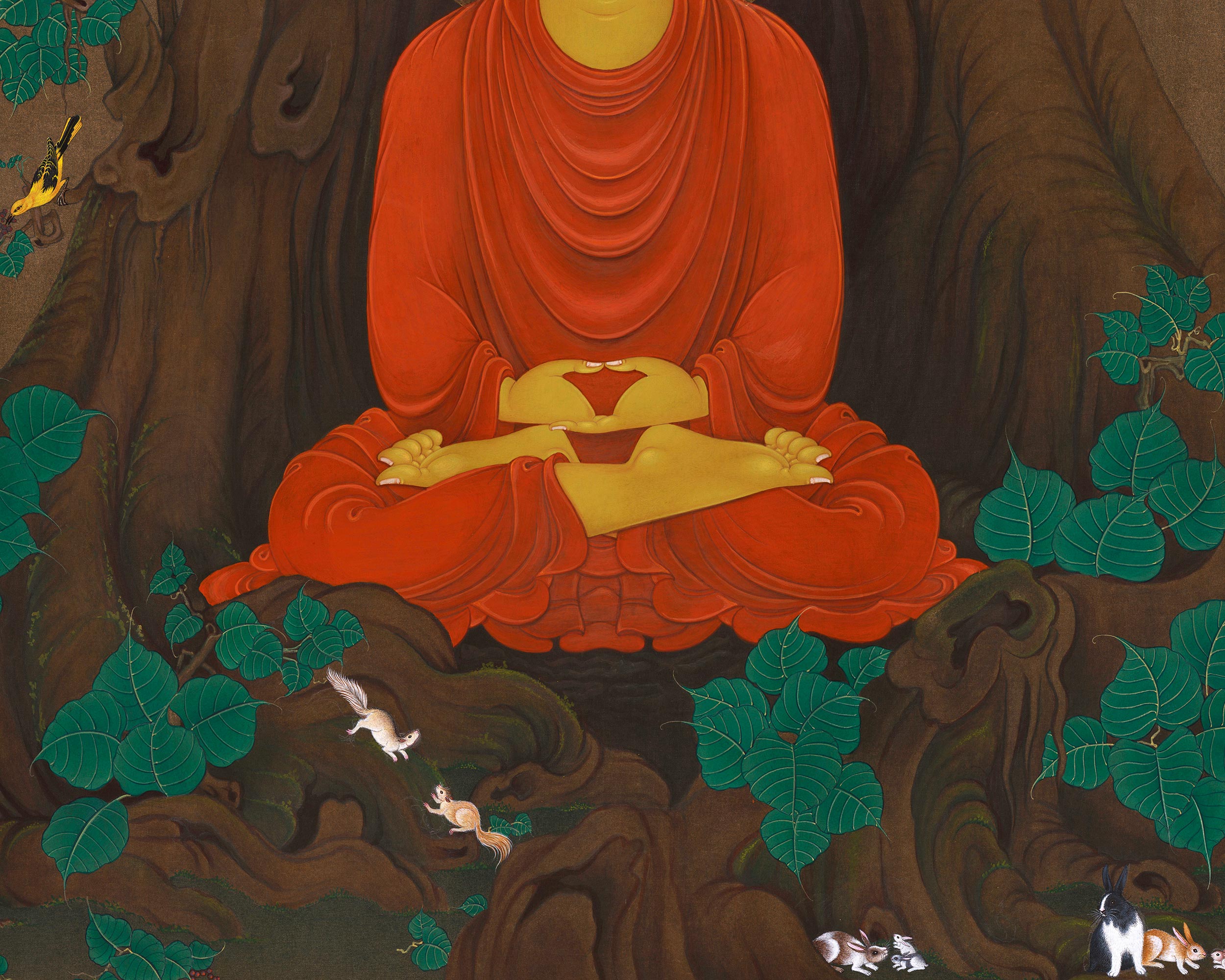 Majestic Shakyamuni Buddha Under Tree Thangka Painting | The Enlightened One’s Awakening