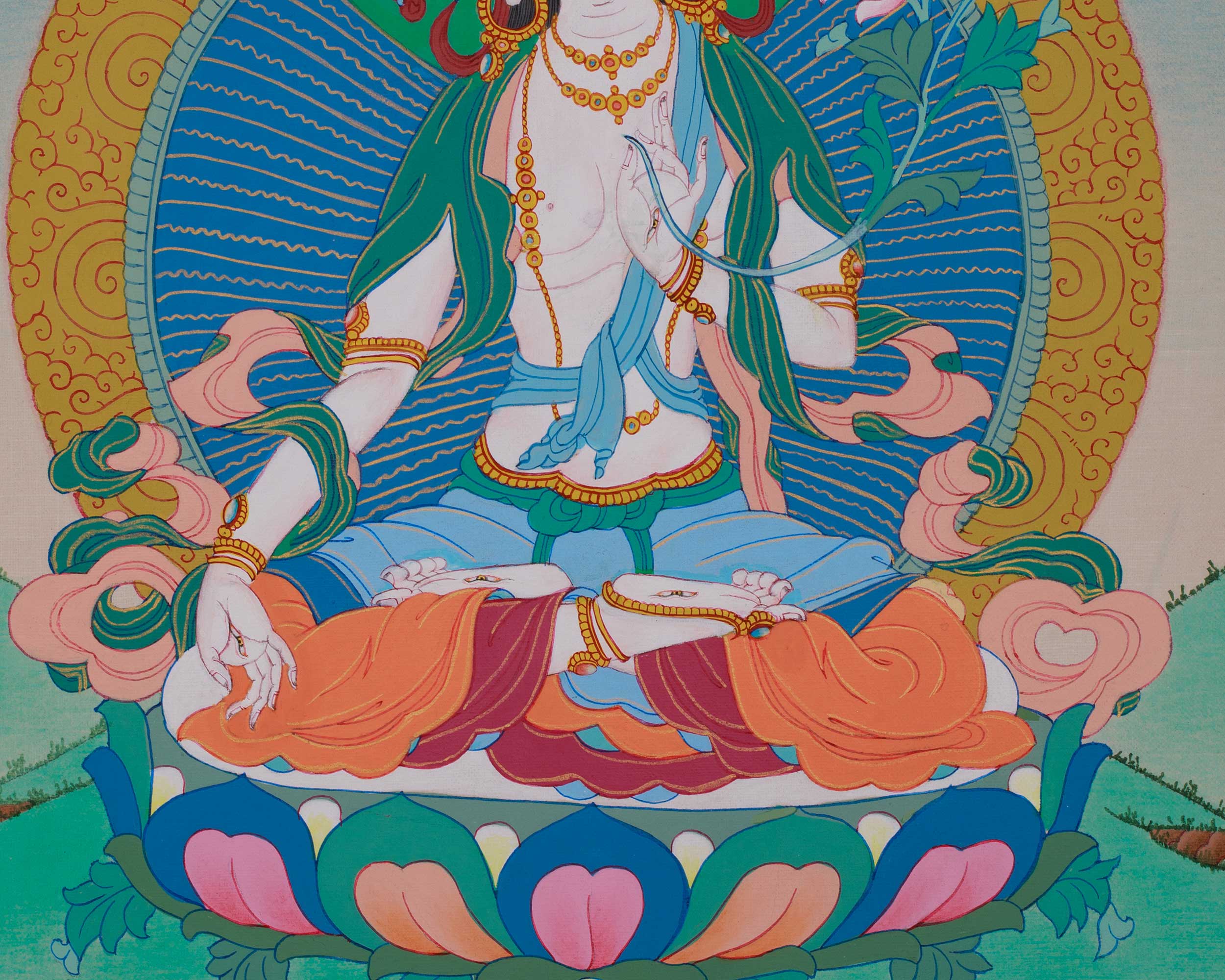 12 Inches White Tara Thangka | Seven-Eyed Goddess of Longevity | Brocade