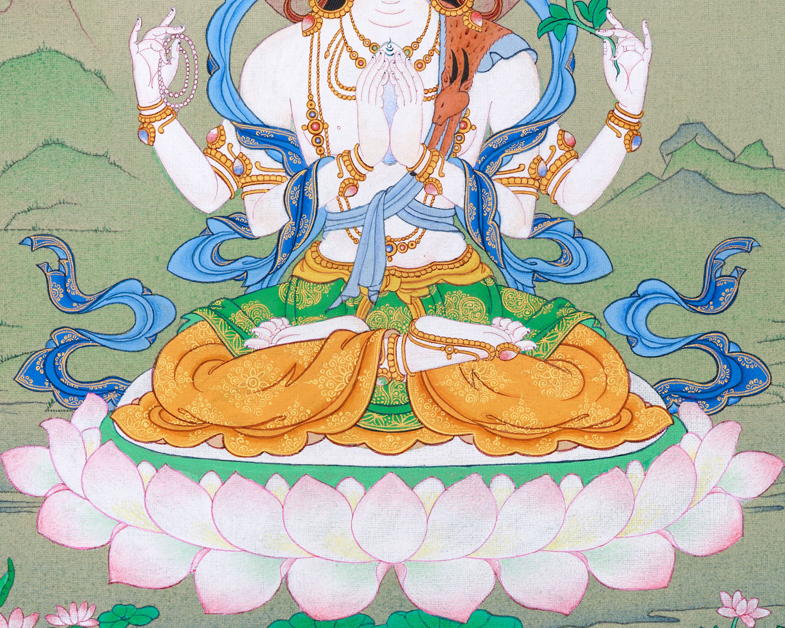 Small Hand-Painted Chenresig Thangka: Four Arm Bodhisattva | Compassion Deity