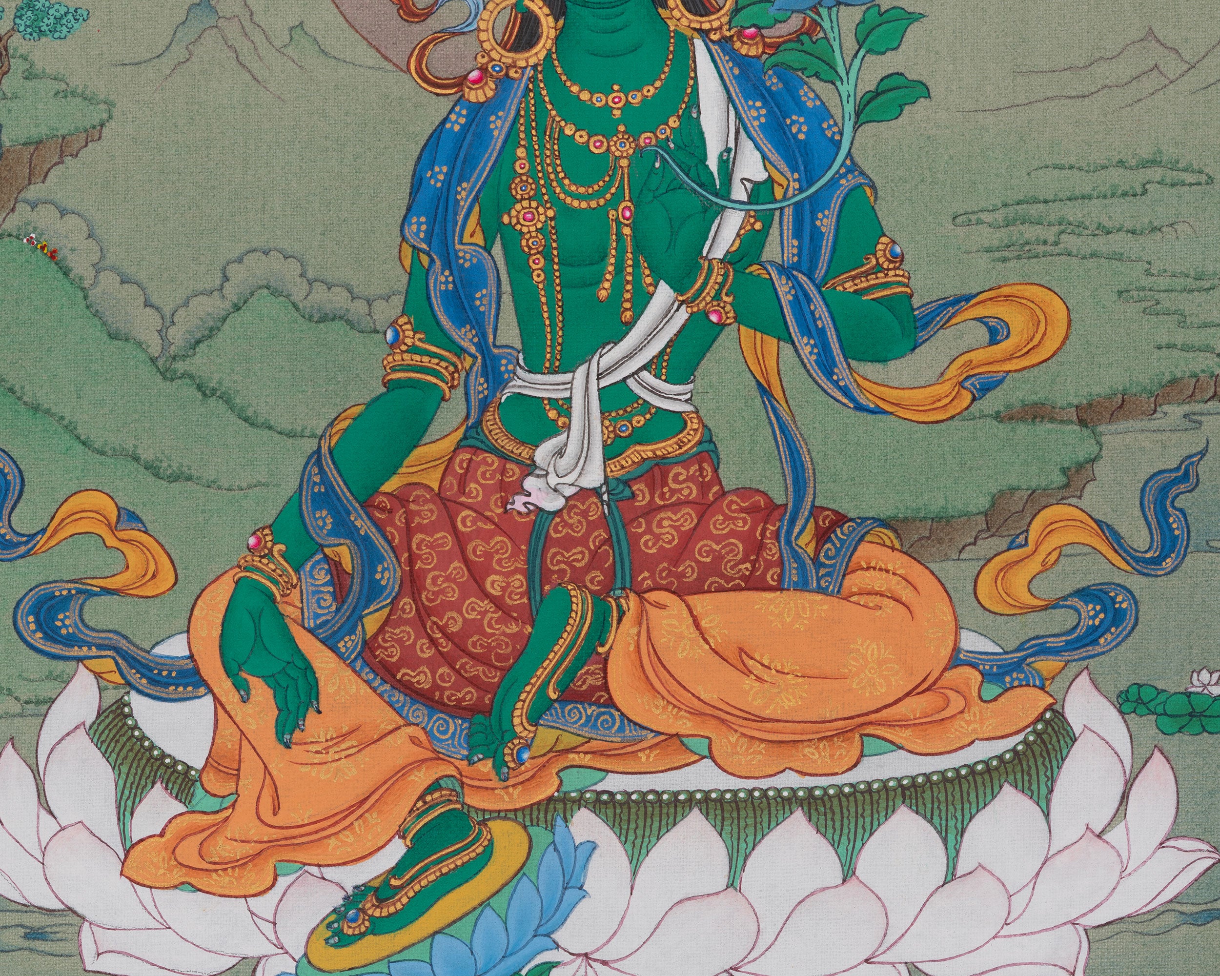Swift Compassion Deity Green Tara Thangka | Tibetan Buddhist Artwork | Shyama Tara