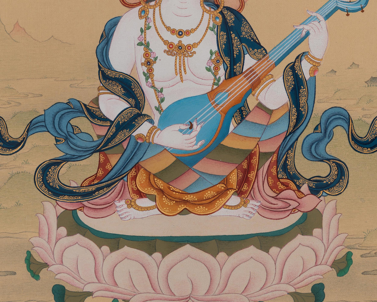 Saraswati Wisdom Deity Thangka | Sacred Tibetan Goddess of Knowledge Artwork