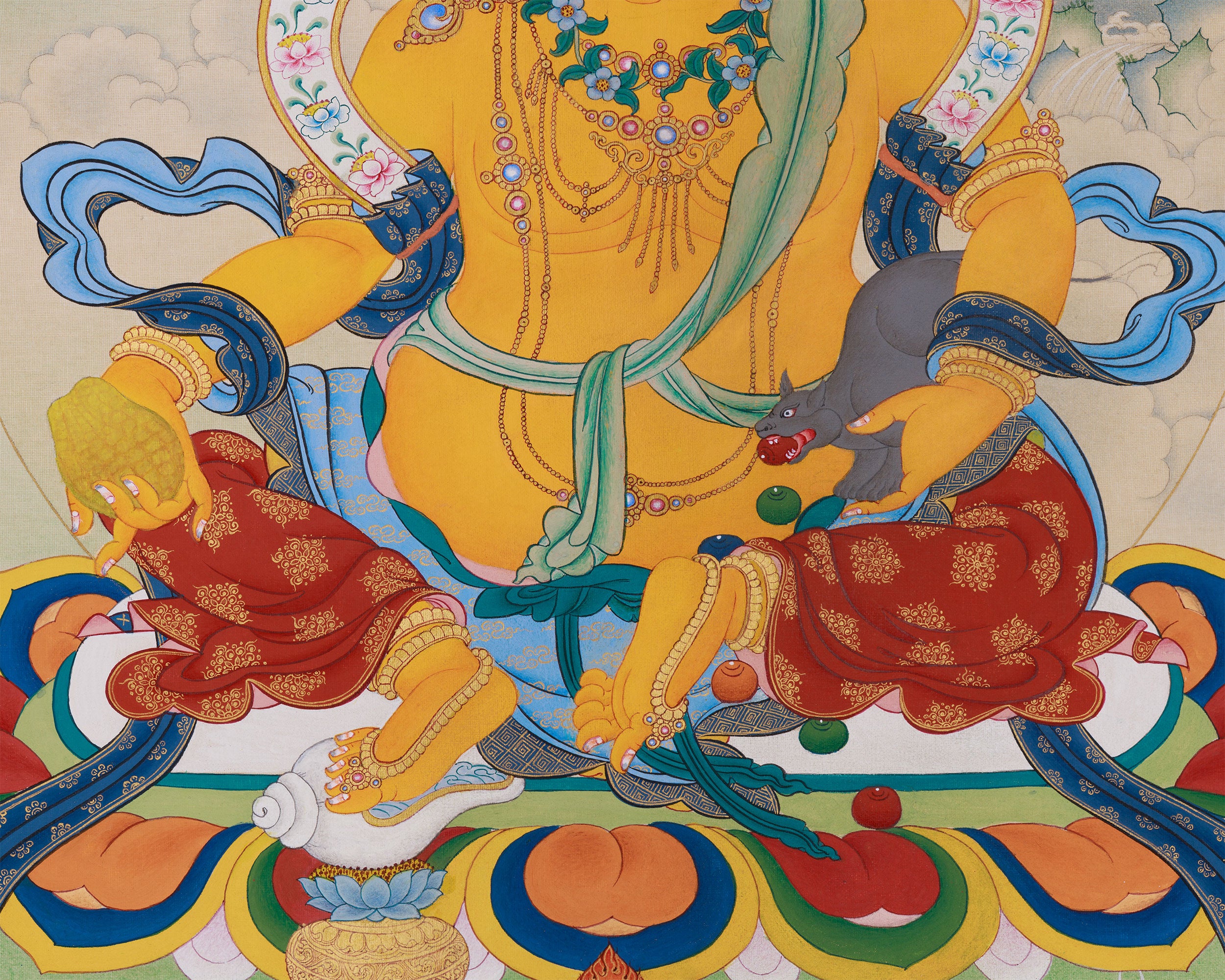 Tibetan Jambhala Thangka | Hand-Painted Art of Abundance | Brocade Mounted
