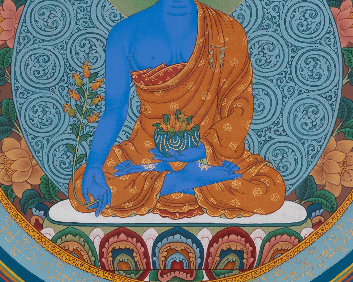Medicine Buddha Sacred Thangka | Bhaisajyaguru Art | Healing and Protection Deity