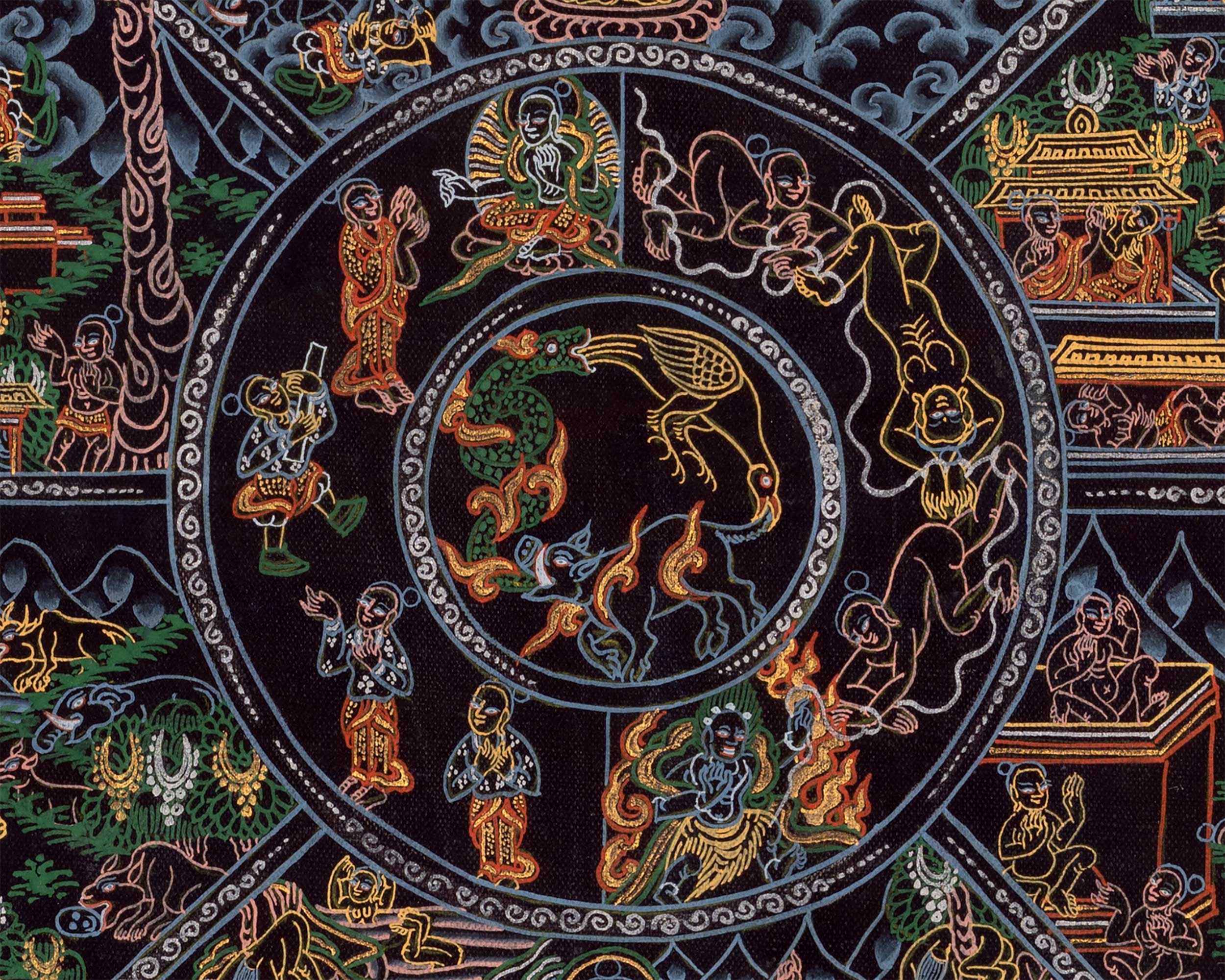 21 Inches Bhavachakra Thangka | Intricate Hand-Painted Wheel of Life Artwork