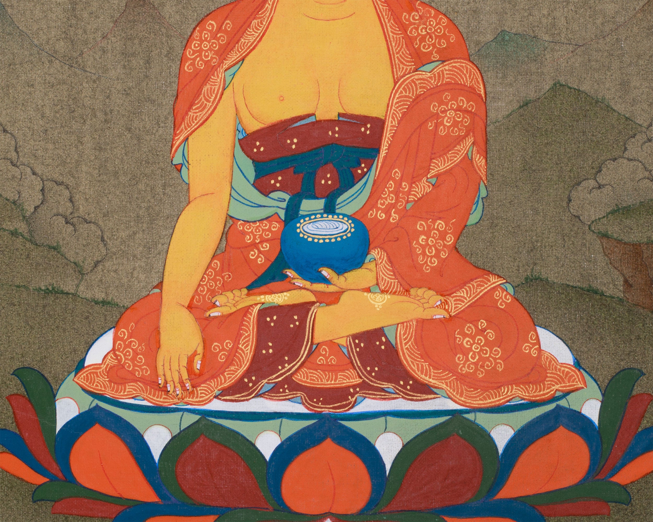 Meditating Buddha Shakyamuni | Thangka Painting of the Enlightened One With Brocade