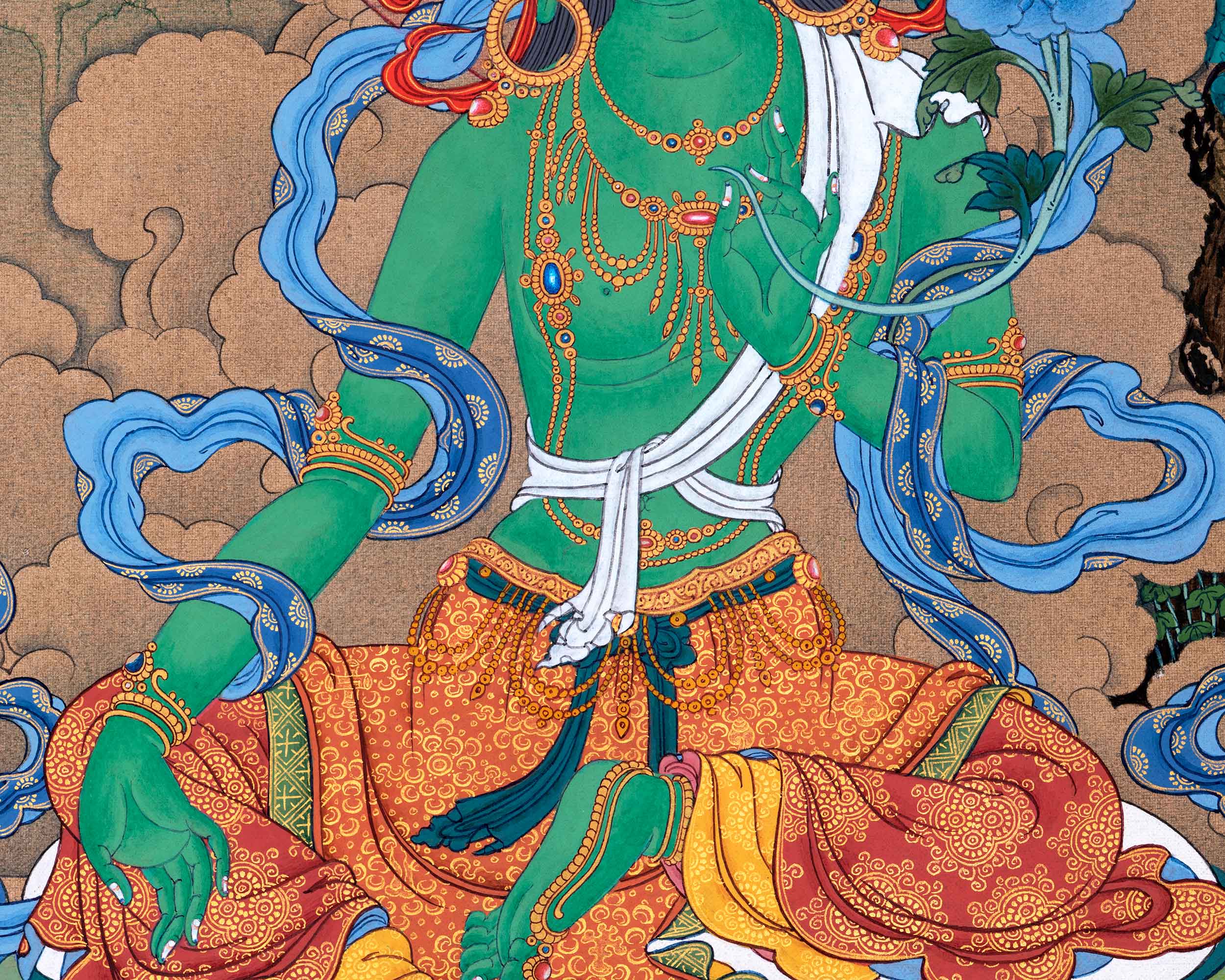 Tibetan Thangka Painting Of Green Tara | Goddess Of Compassion | Wall Decorative Art