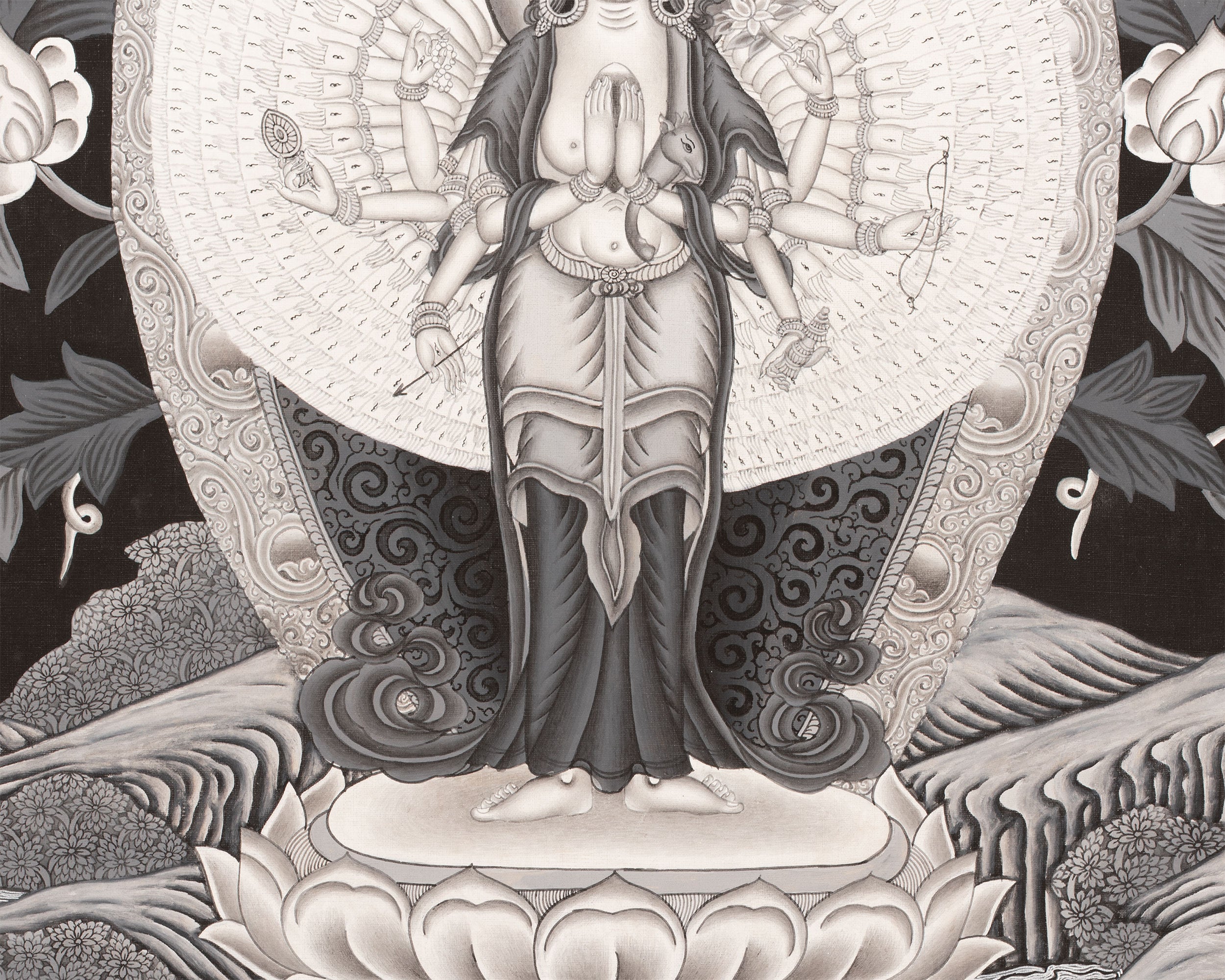 Avalokiteshvara Thangka flanked by Green and White Tara | Original Hand Painted Black & White Newari Style Bodhisattva Thangka