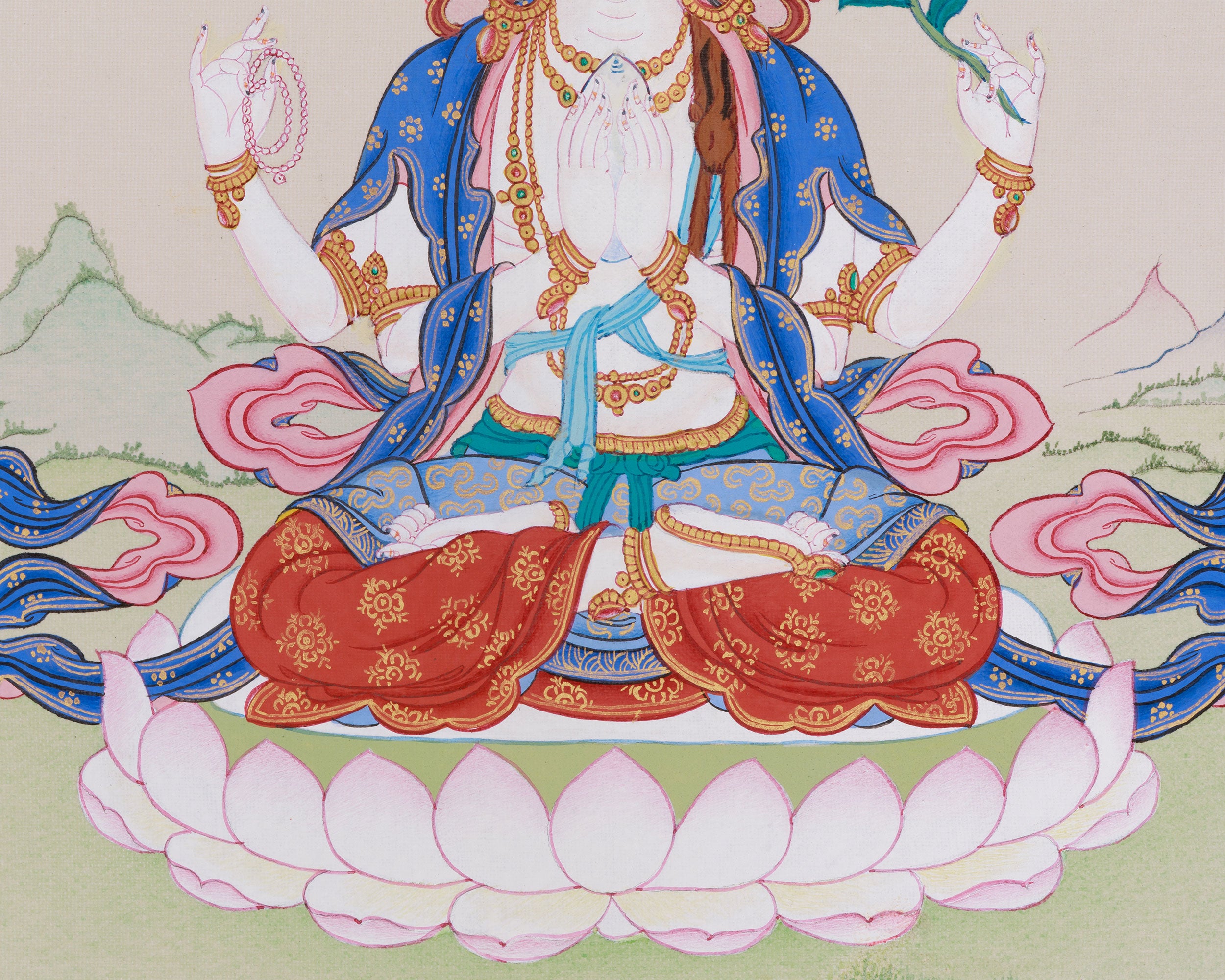 Hand-Painted Four-Armed Chenrezig Thangka | Bodhisattva of Infinite Compassion