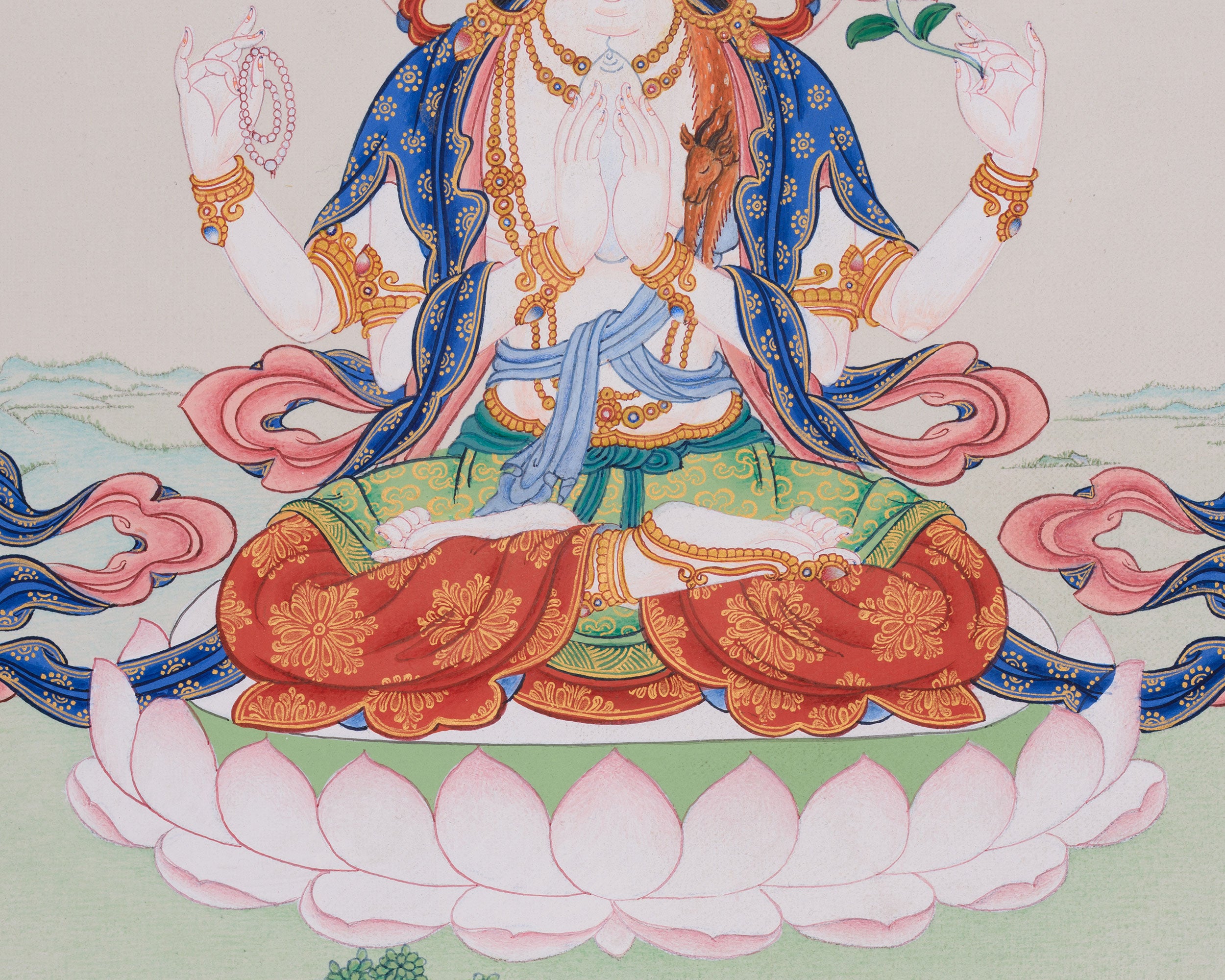 Hand-Painted 4-Armed Avalokiteshvara Thangka – Symbol of Compassion
