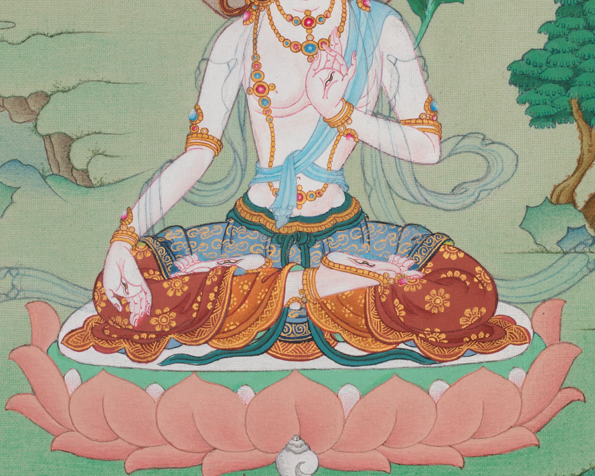 White Tara Traditional Tibetan Thangka | Sacred Goddess of Compassion and Longevity