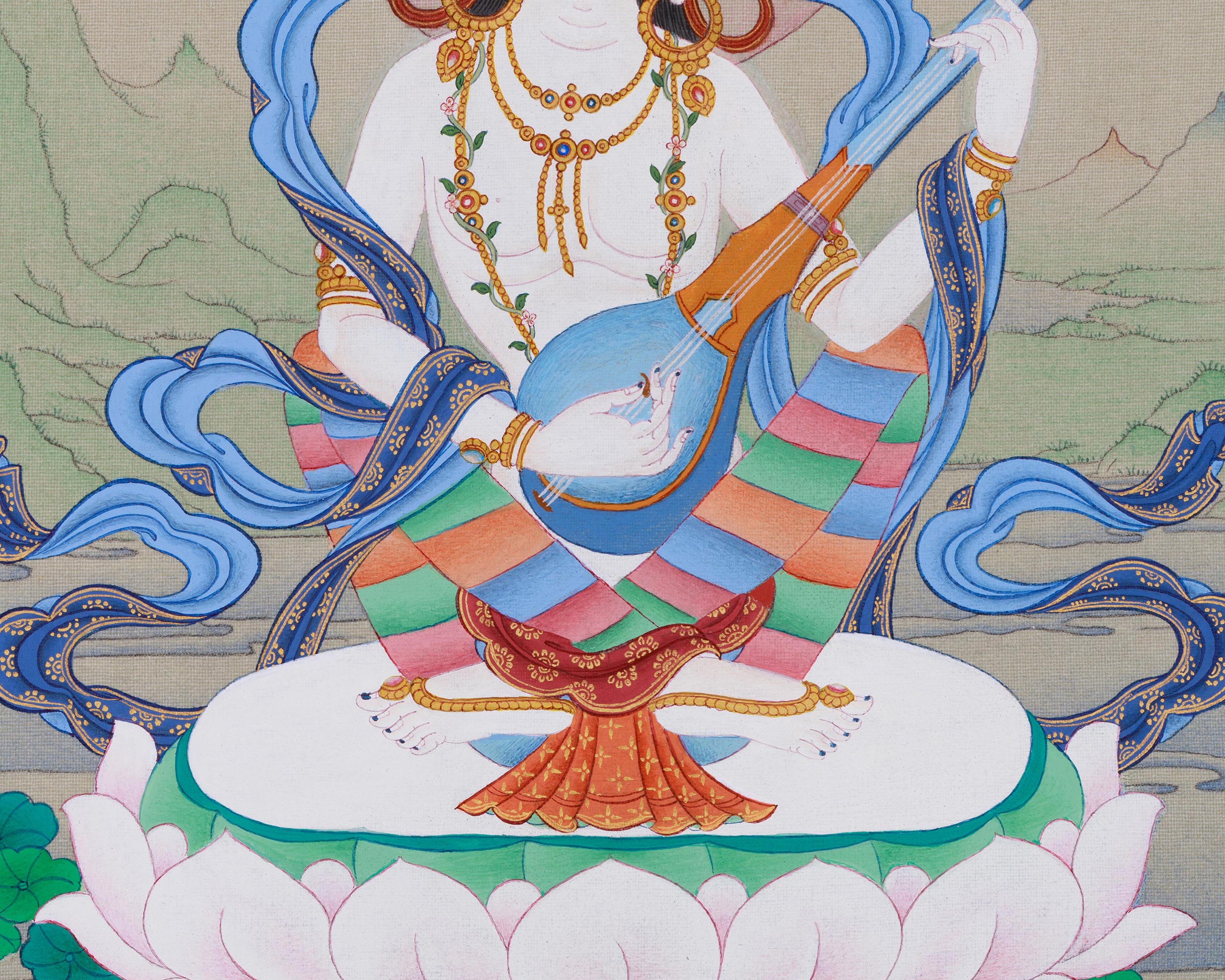 Devi Saraswati Thangka | A Sacred Representation of the Goddess of Wisdom and Creativity