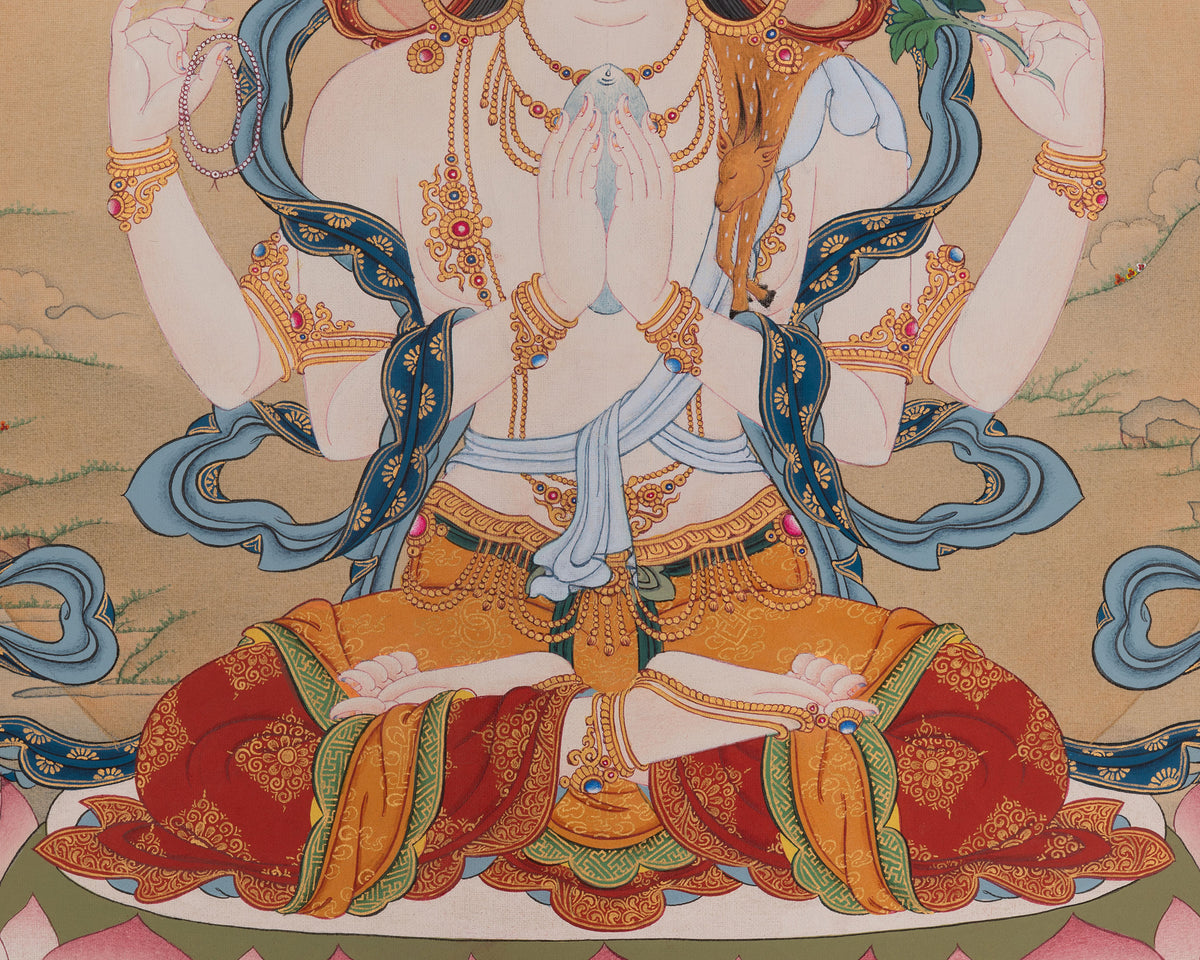 Chenrezig Thangka Painting | Sacred Tibetan Art of Infinite Compassion