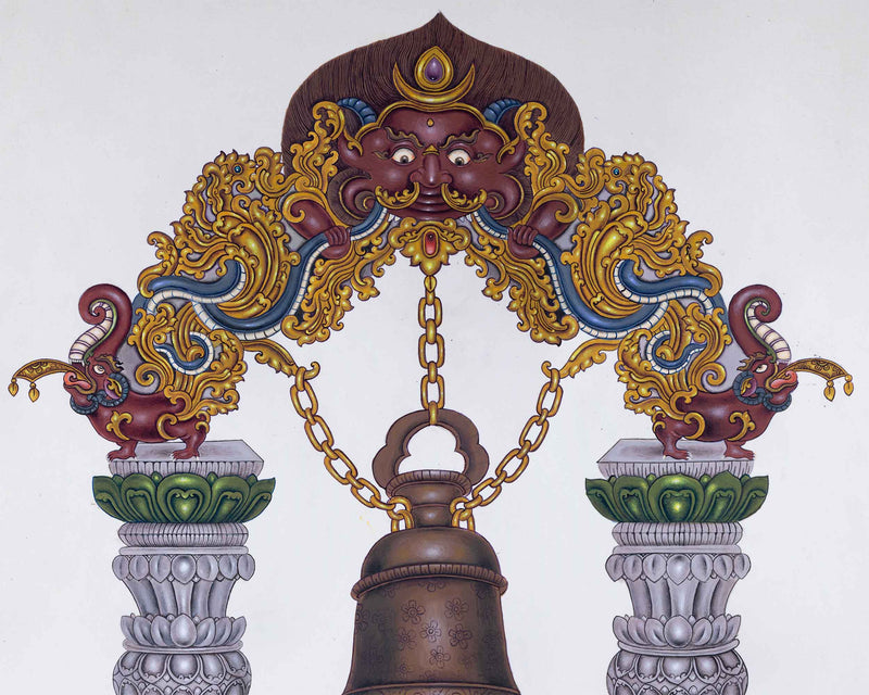 Traditional Bell Art Print For Room Decoration | Newari Paubha Print For Wall Hanging, Room Decor
