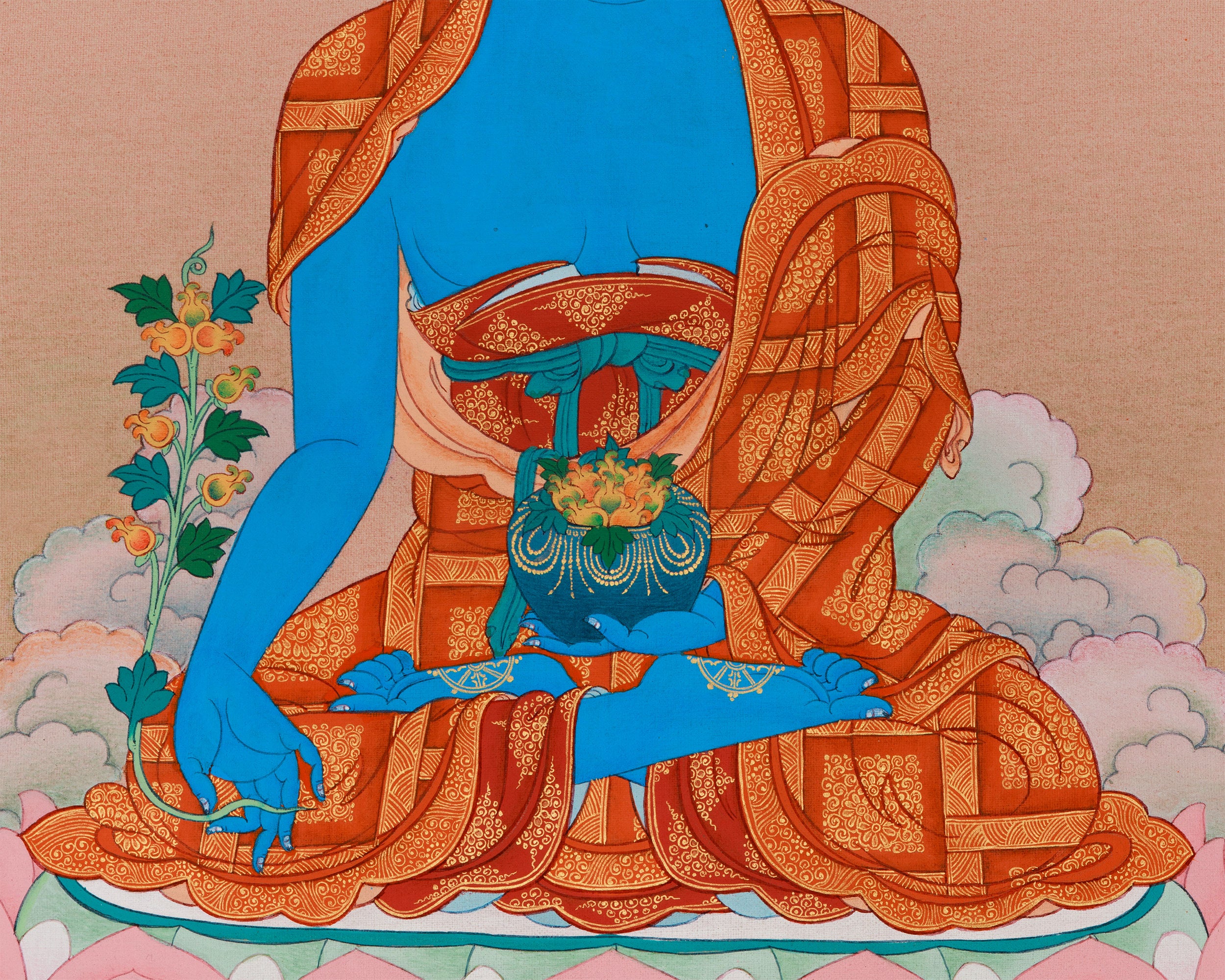 Healing Deity, Medicine Buddha Thangka | 24K Gold & Natural Stone Colors