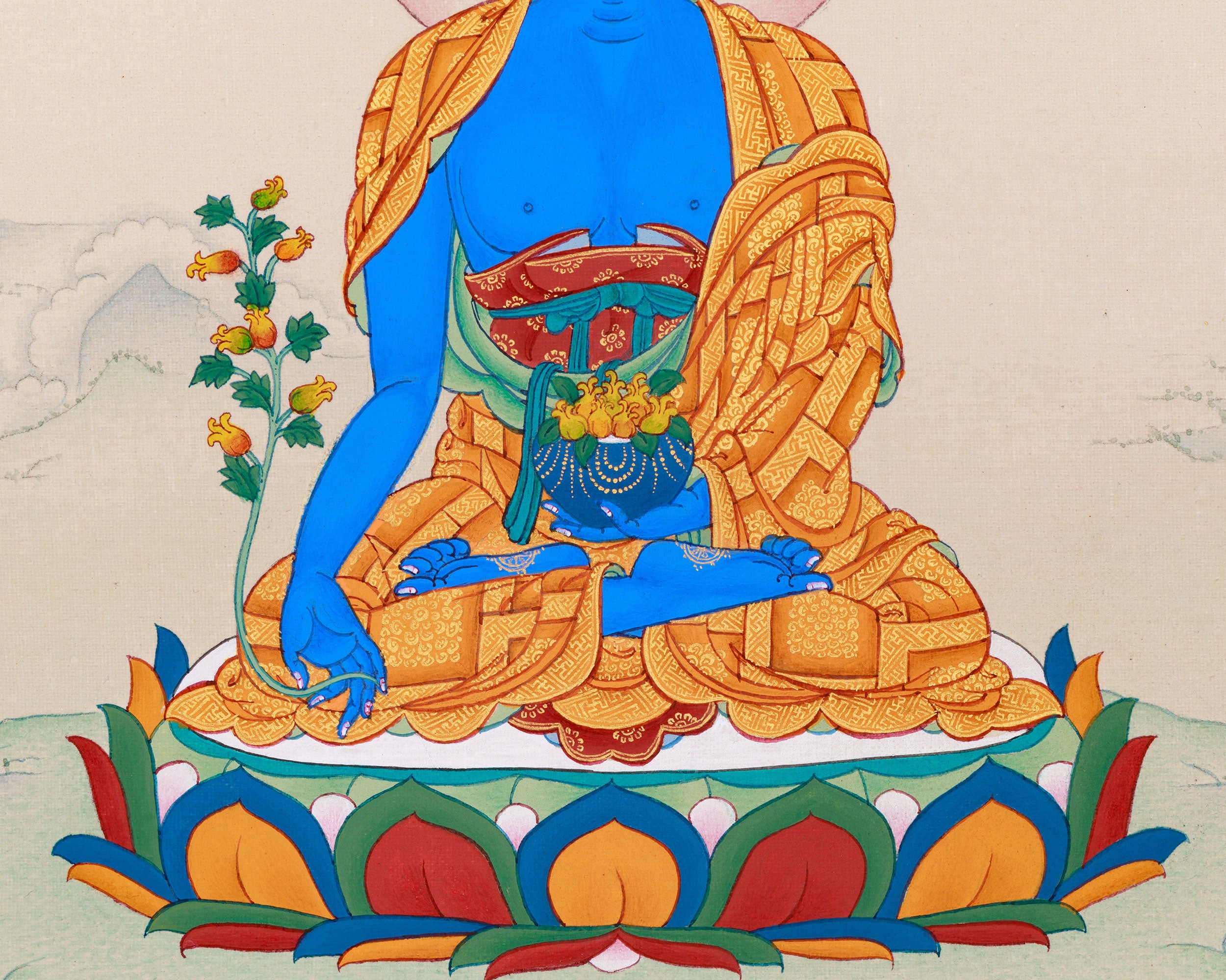 Small Blue Medicine Buddha Thangka | Hand-Painted Tibetan Healing Art