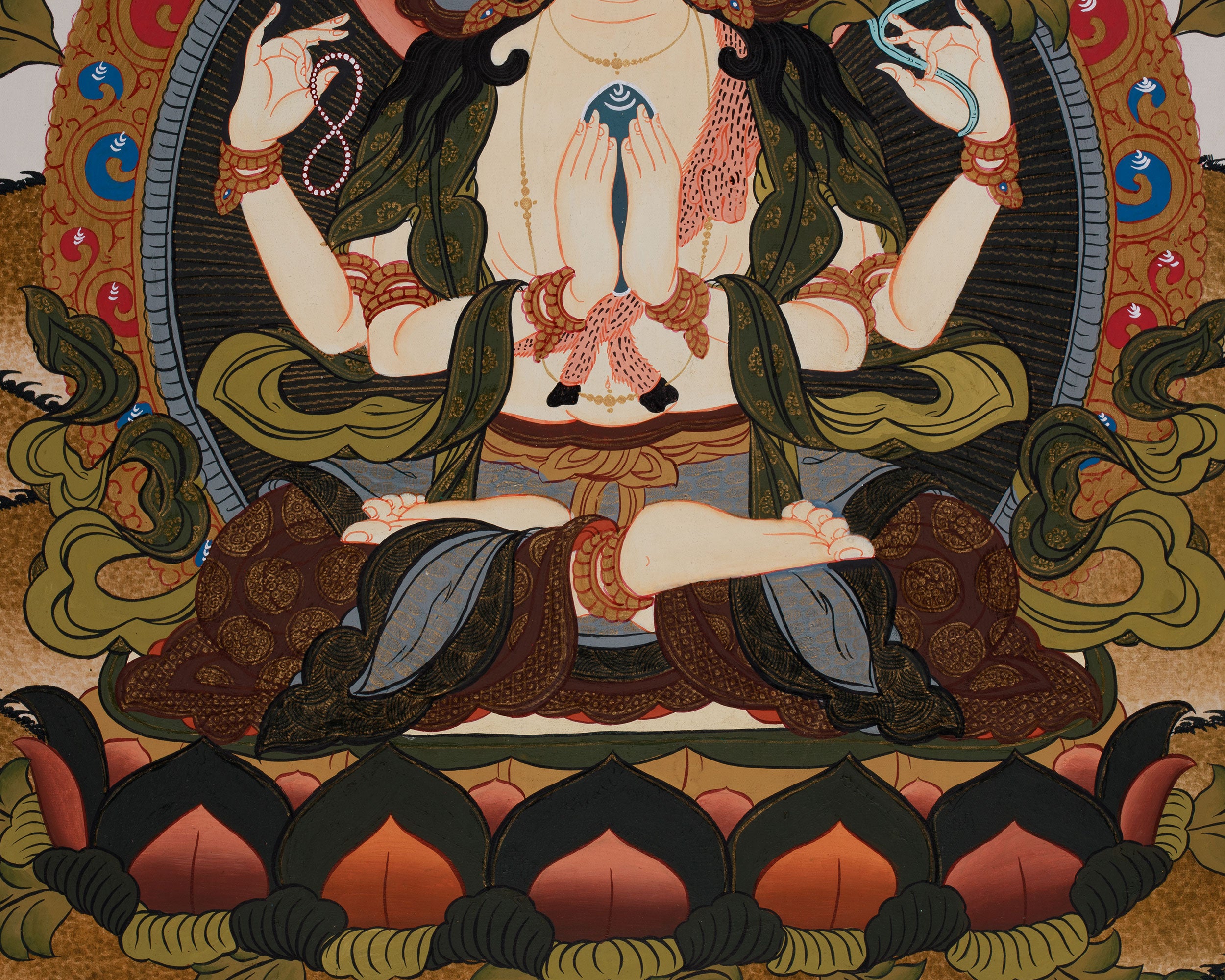 Original Hand painted 4 Armed Chenrezig Bodhisattva Thangka | Hand Painted Buddhist Art