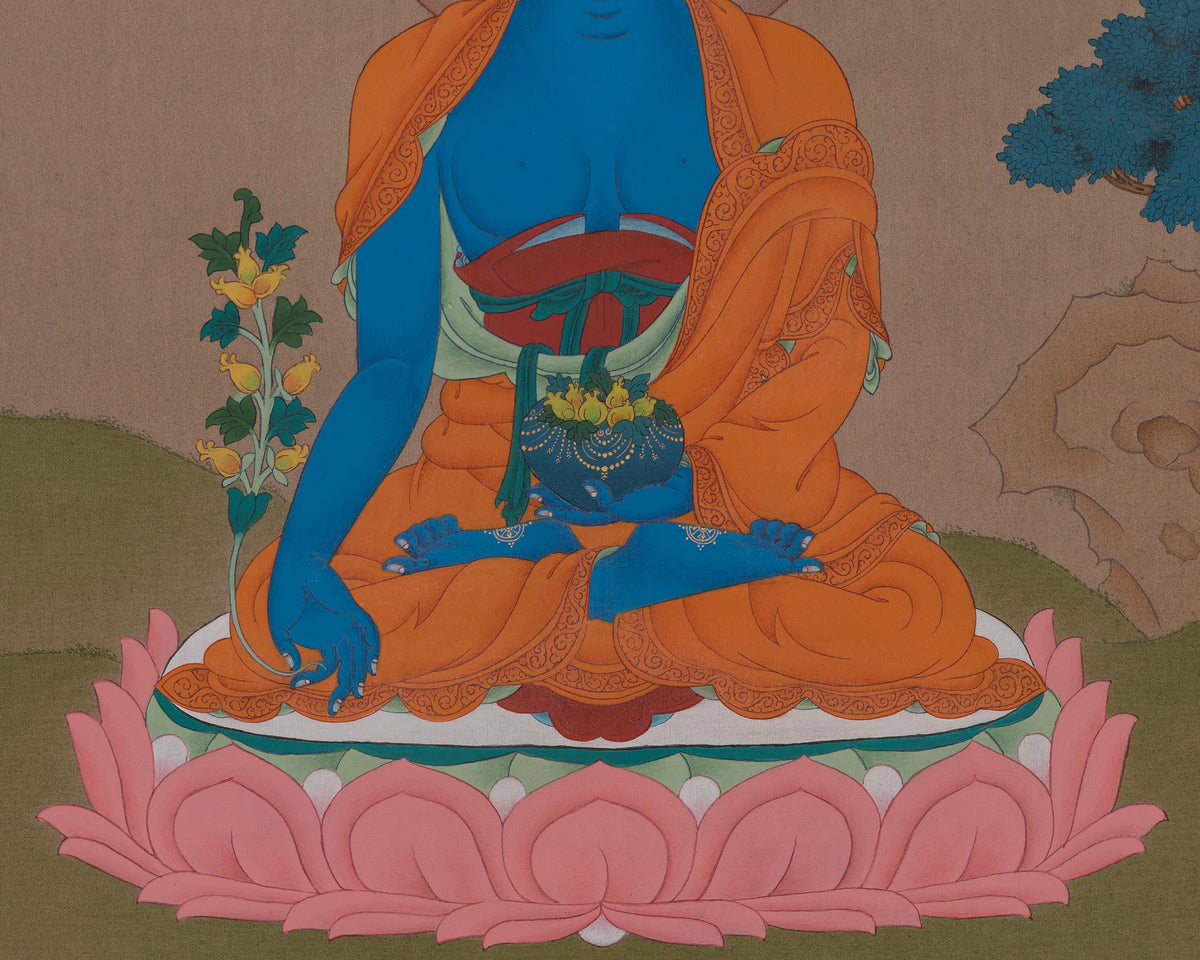 Medicine Buddha Healing Art | Bhaisajyaguru Thangka | Spiritual Wellness Deity