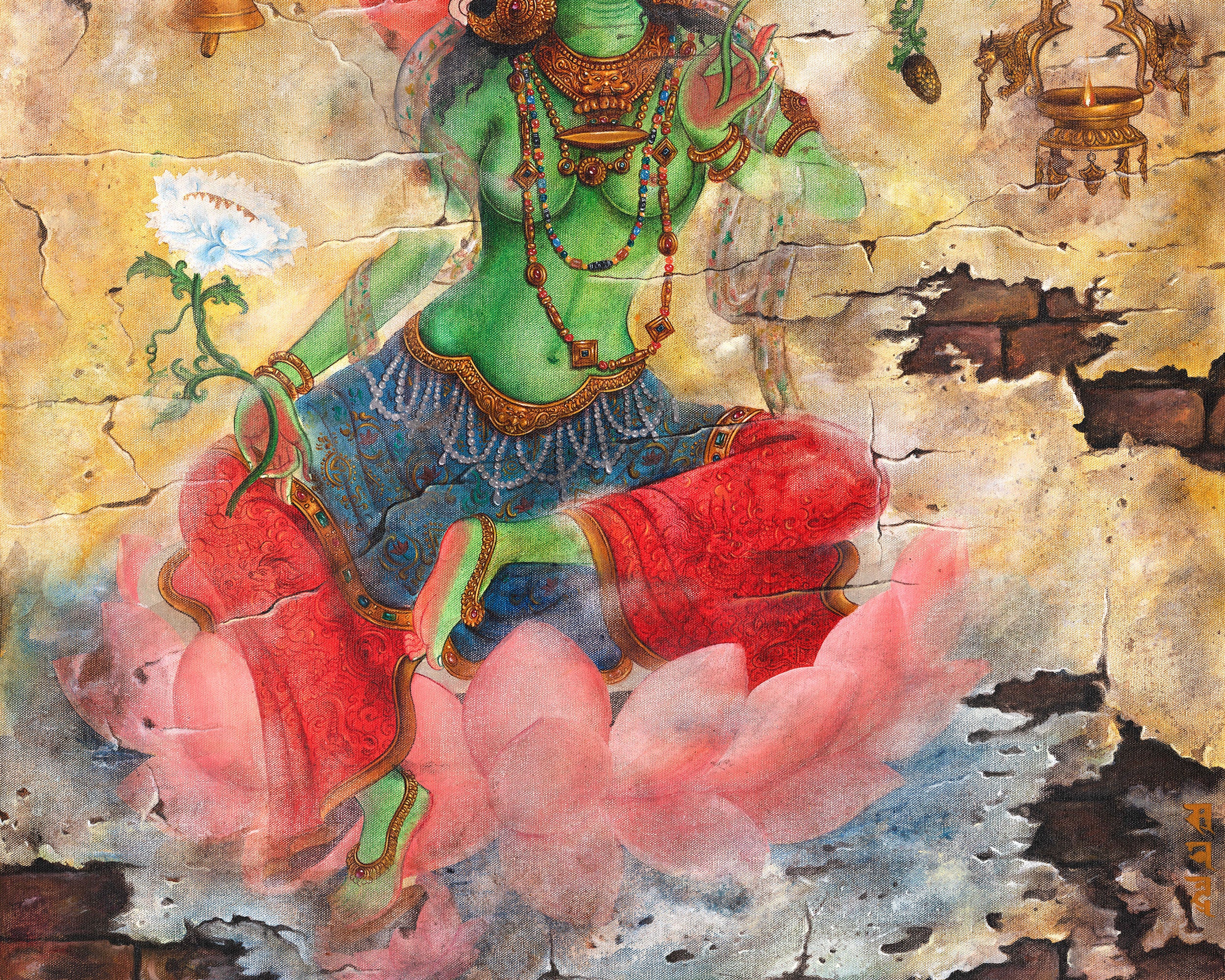 Oil Painting Tara | Arya Green Tara | Religious Buddhist Thangka