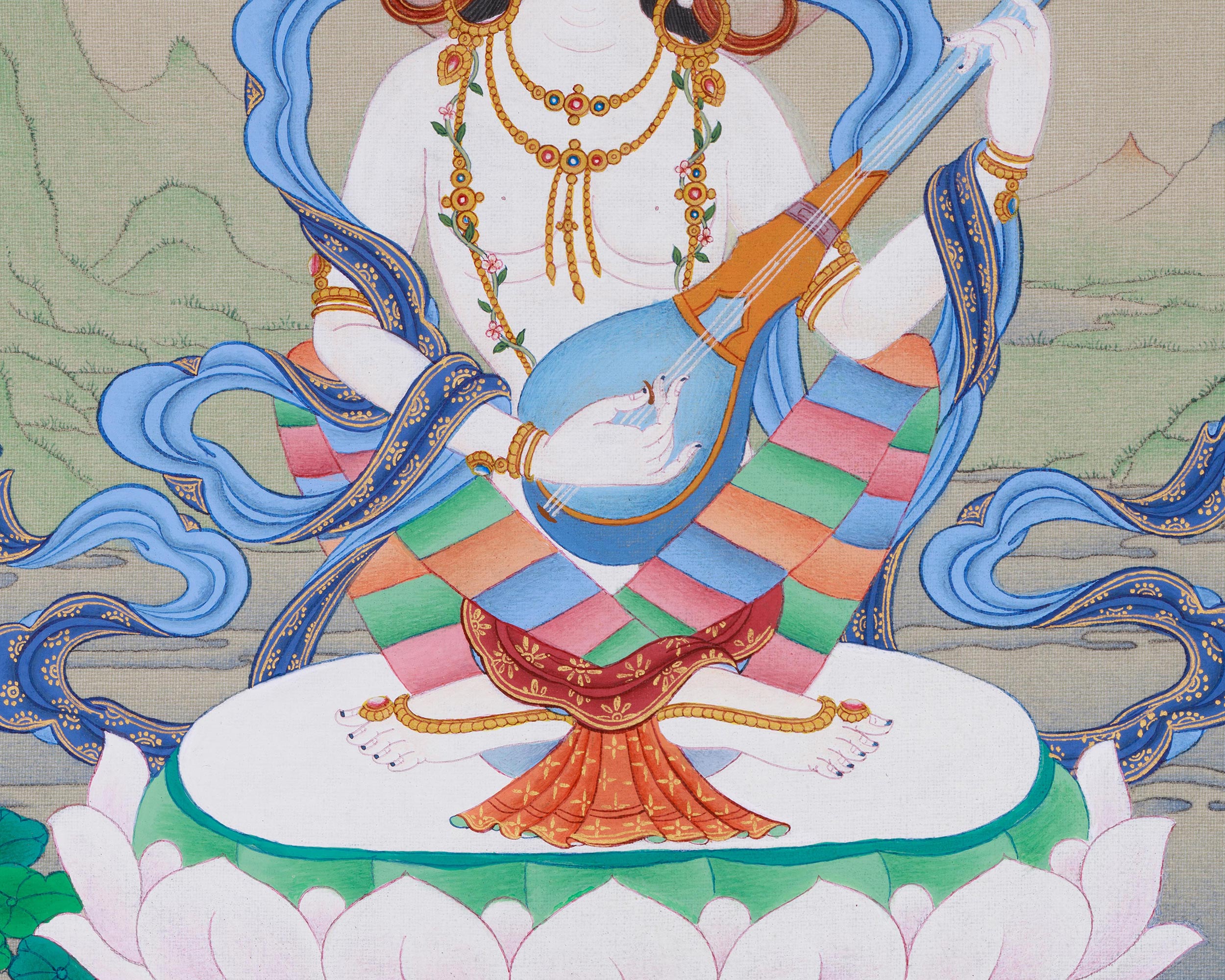 Wisdom Goddess Saraswati | A Sacred Thangka of Knowledge and Creativity
