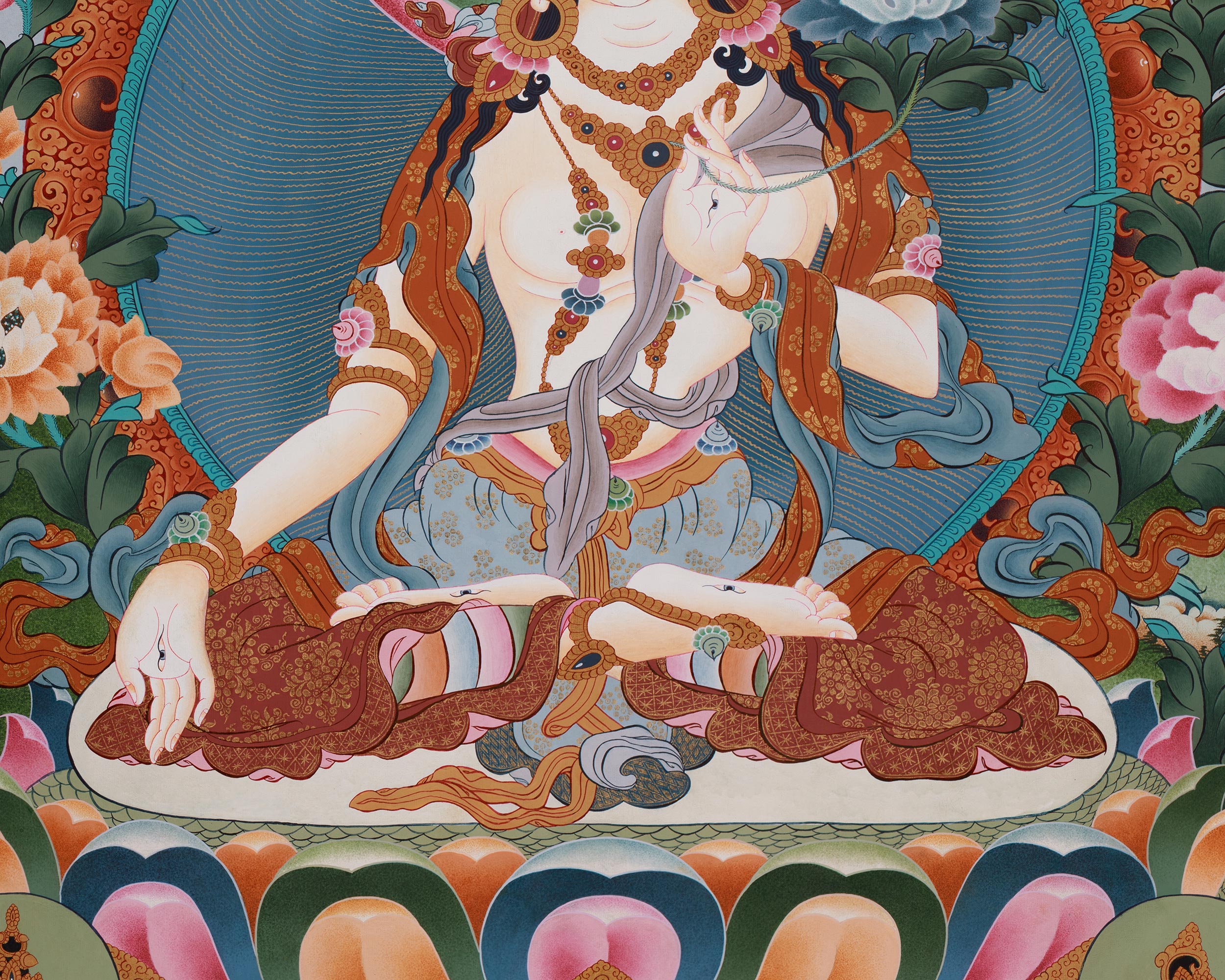 Majestic Seven Eyes Goddess, White Tara Thangka | Five Dhyani Buddhas, Amitayus & Namgyalma
