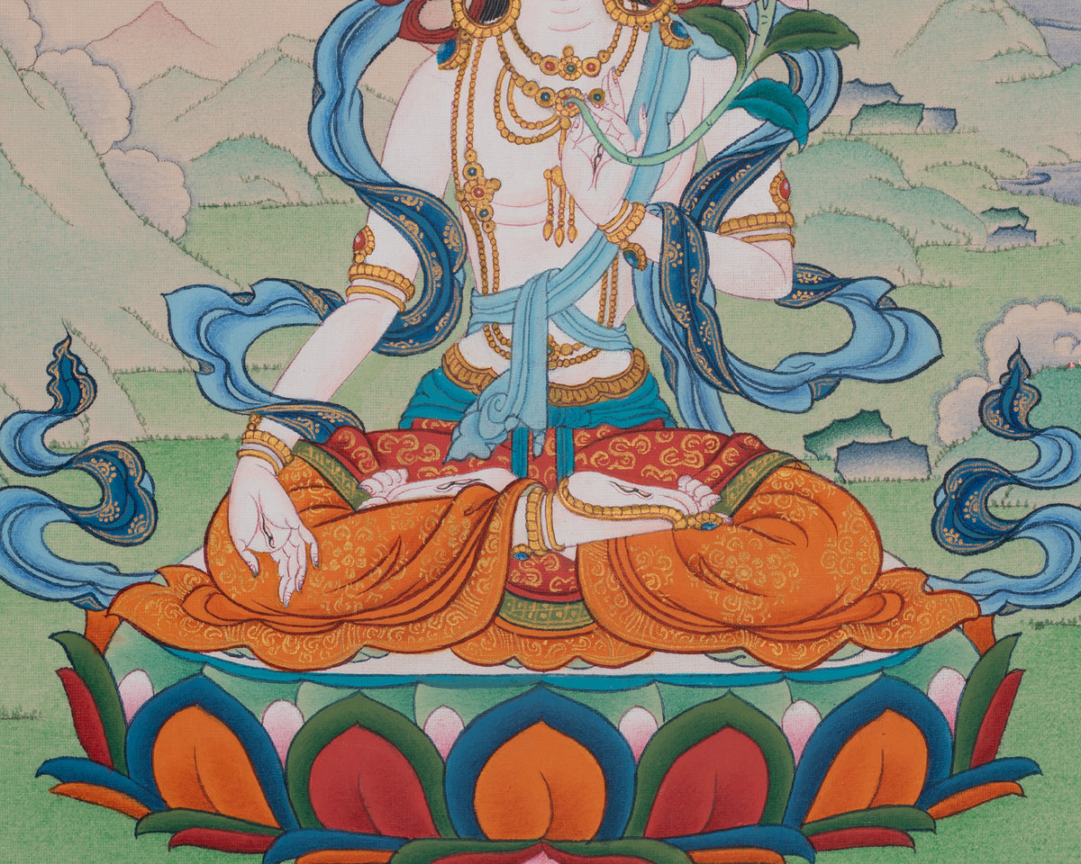 Sacred Tibetan White Tara Art | Drolkar Thangka | Seven Eyed Deity