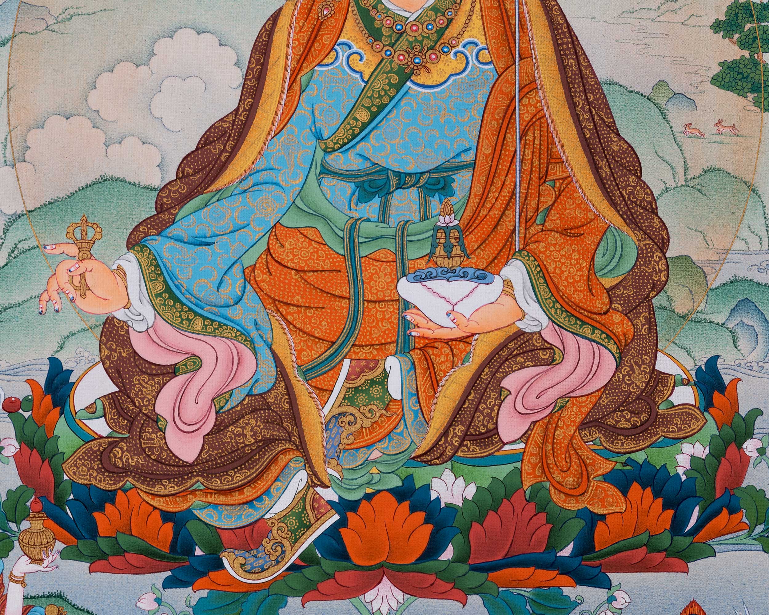Guru Rinpoche Thangka with Mandarva and Yeshe Tsogyal | Amitabha Buddha Atop