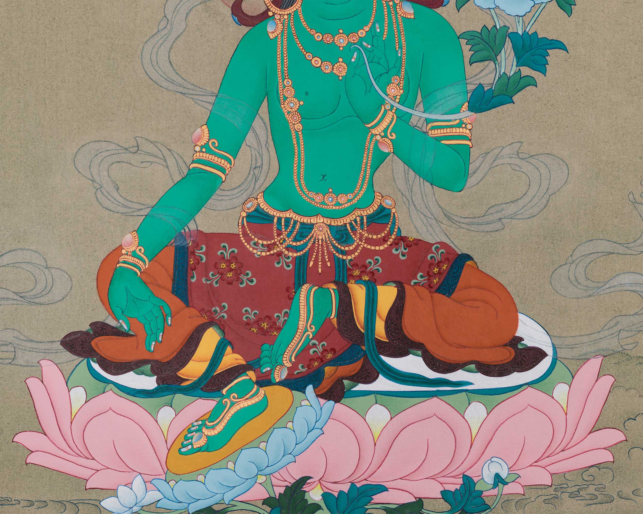 Hand-Painted Compassionate Goddess Green Tara Thangka | The Deity of Swift Protection