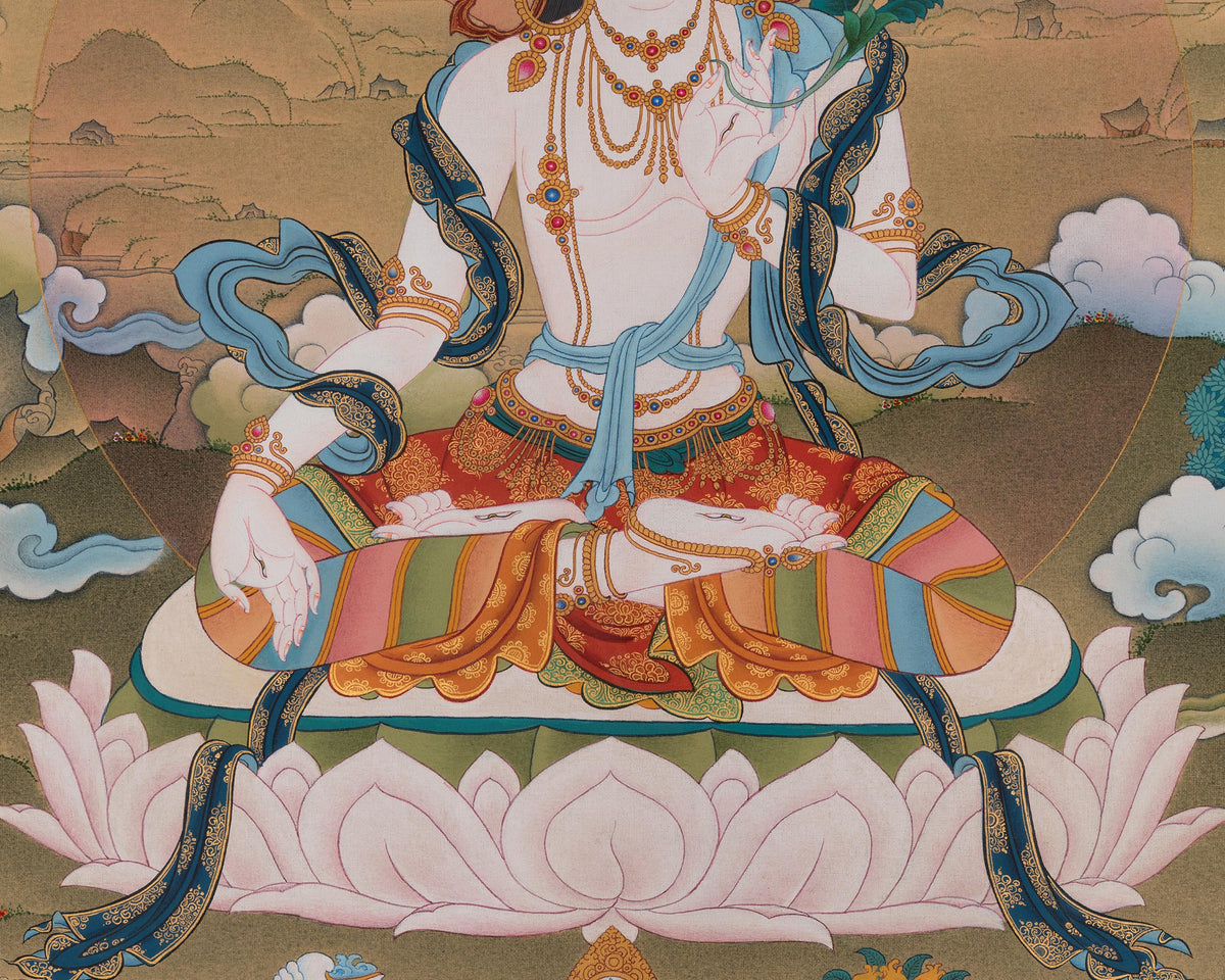 White Tara Goddess Thangka Painting | Drolkar Artwork | Seven Eyes Deity