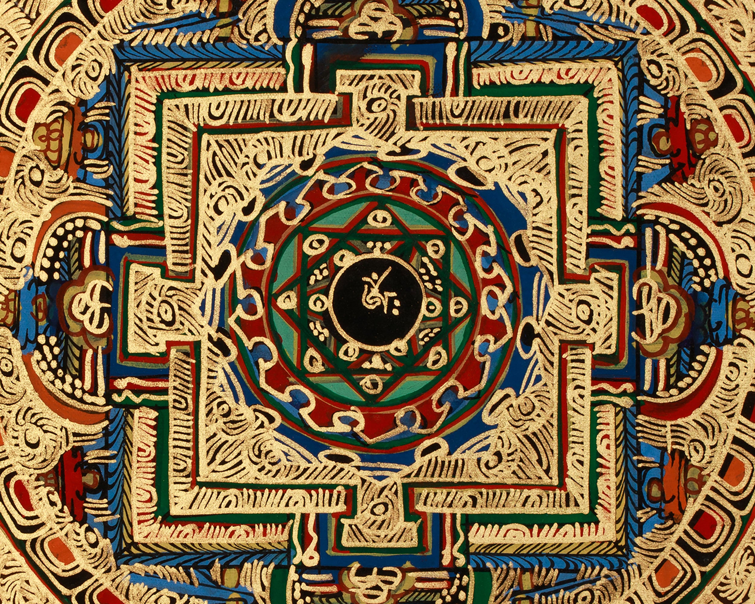Gold-Embellished Om Mandala Thangka | Spiritual Meditation Art
