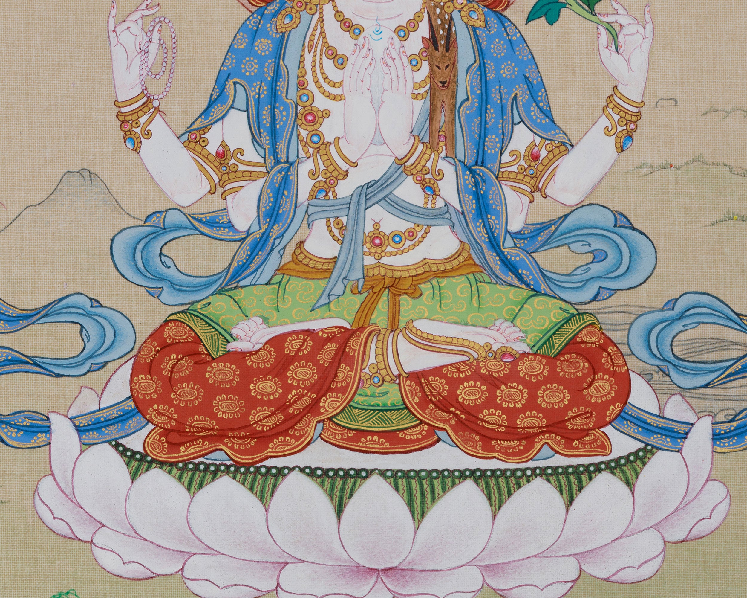 Tibetan Avalokiteshvara Thangka | 4-Armed Chenrezig, Bodhisattva of Compassion and Wisdom