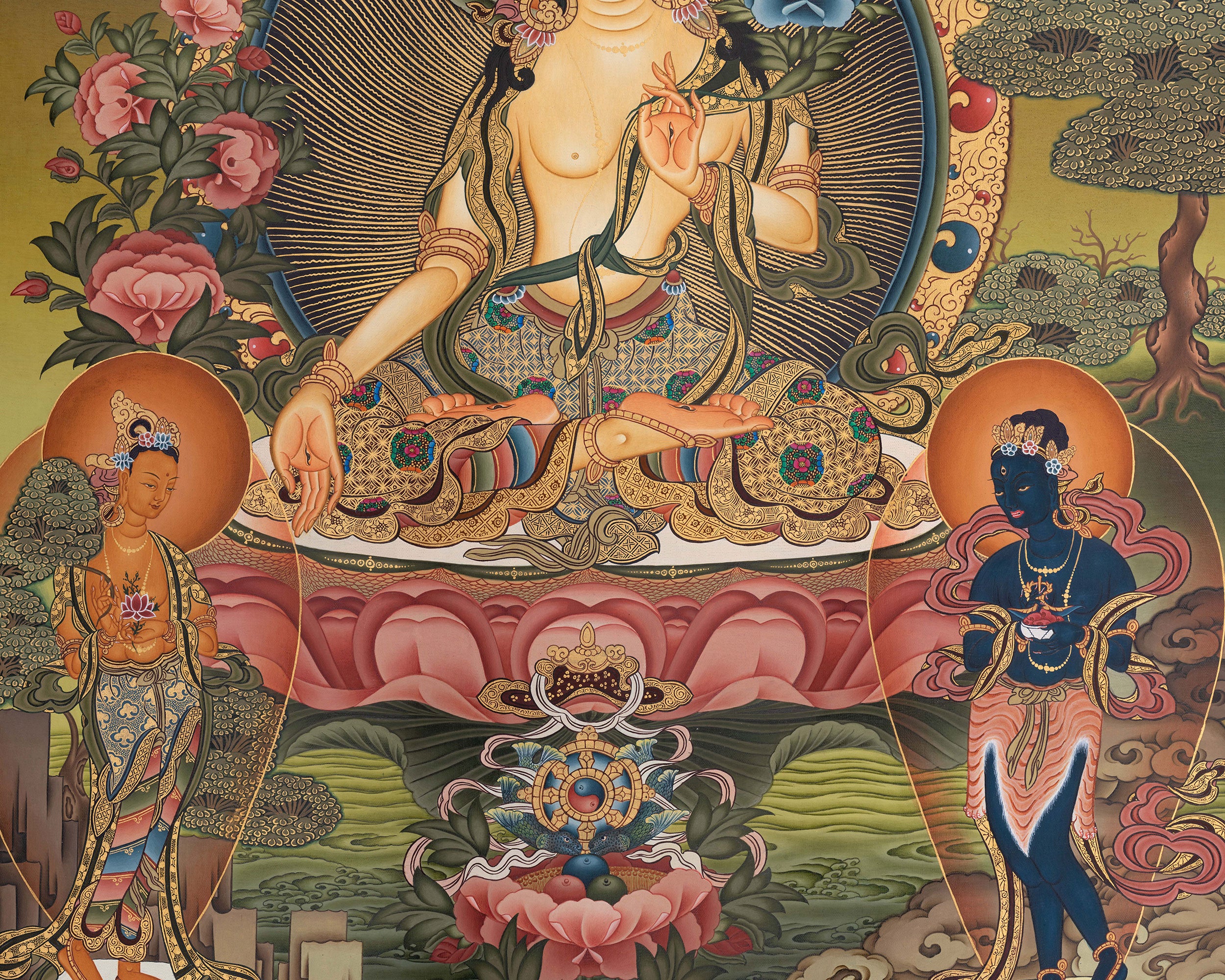 White Tara With Two Bodhisattvas Thangka | Power of Compassion and Enlightenment