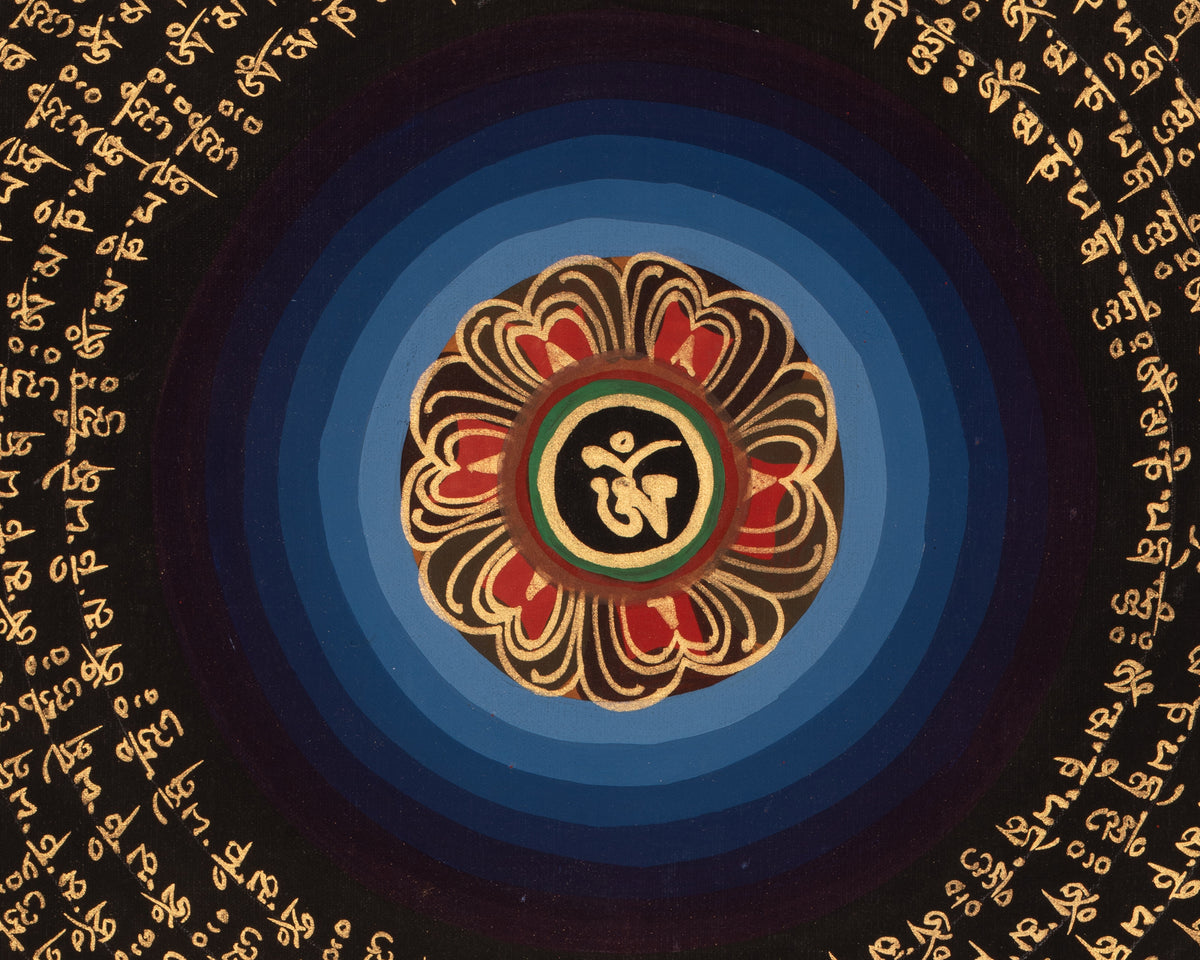 Om Mantra Mandala Thangka | Sacred Tibetan Buddhist Gold-on-Black Painting