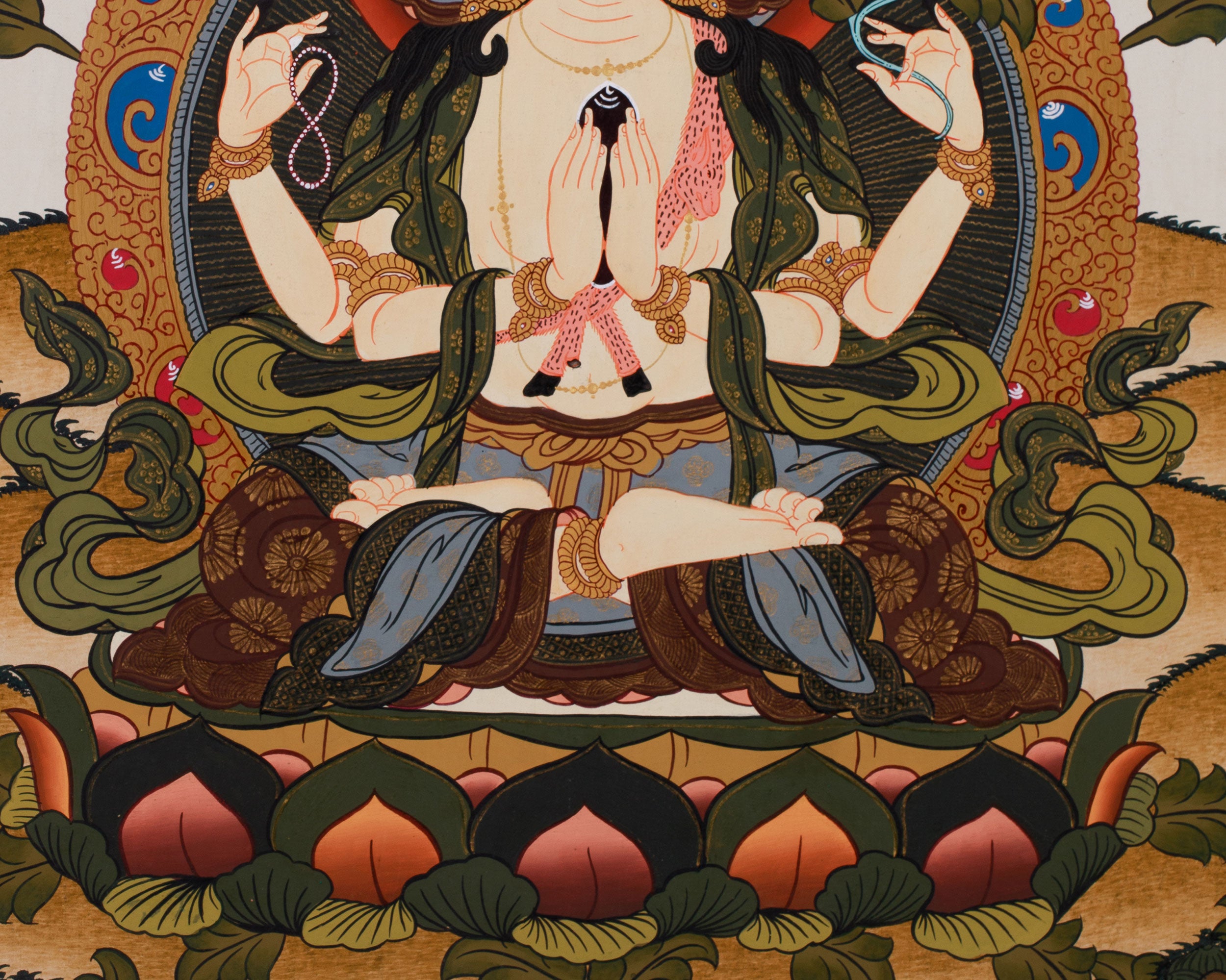 Original Hand painted 4 Armed Chenrezig Bodhisattva Thangka | Hand Painted Buddhist Art
