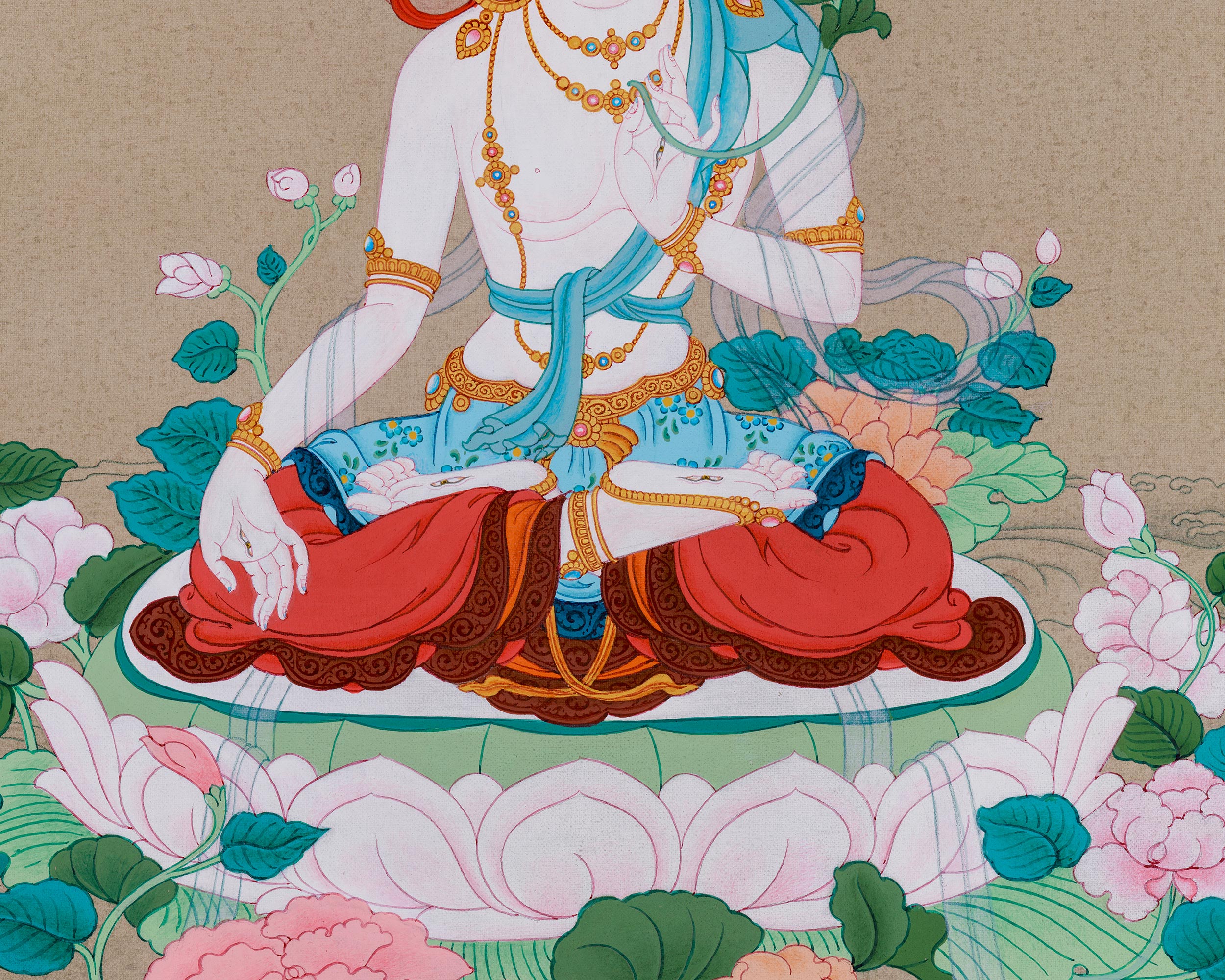 Healing Tara Bodhisattva | White Tara Thangka | Compassion Goddess in Vajrayana Buddhism