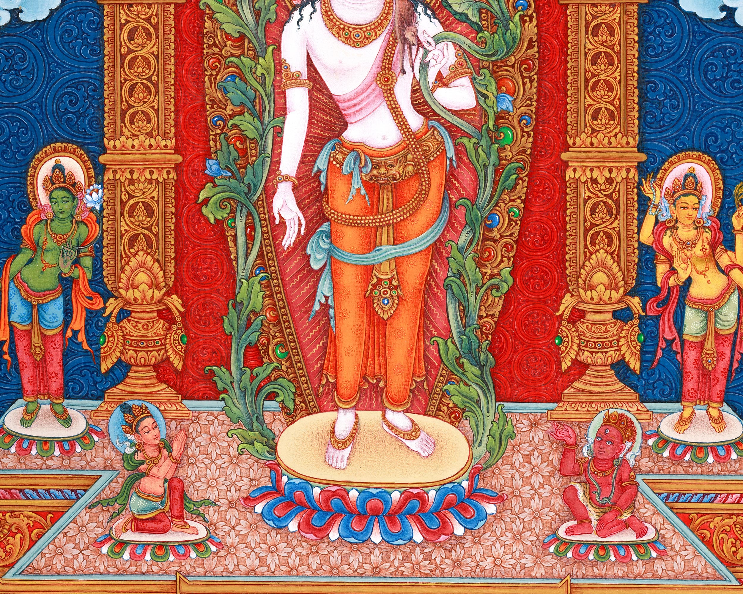 Standing Avalokiteshvara (Guanyin) Thangka Print | 5 Dhyani Buddhas | High-Quality Giclee Print for Meditation | Paubha Painting