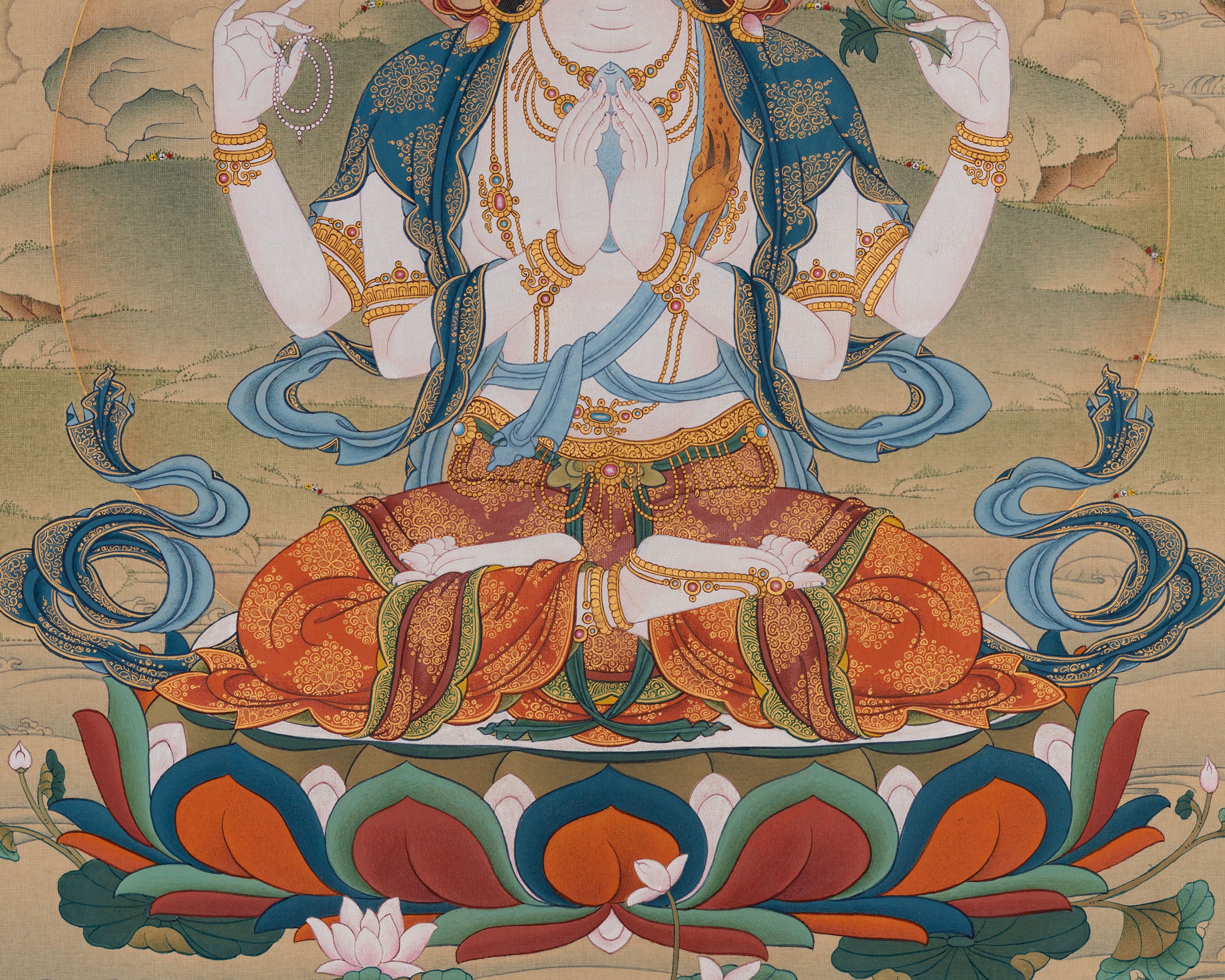 The Compassionate Buddha, Four Armed Chenresig Thangka | Exclusive Artwork with Lhasa Stone Hues