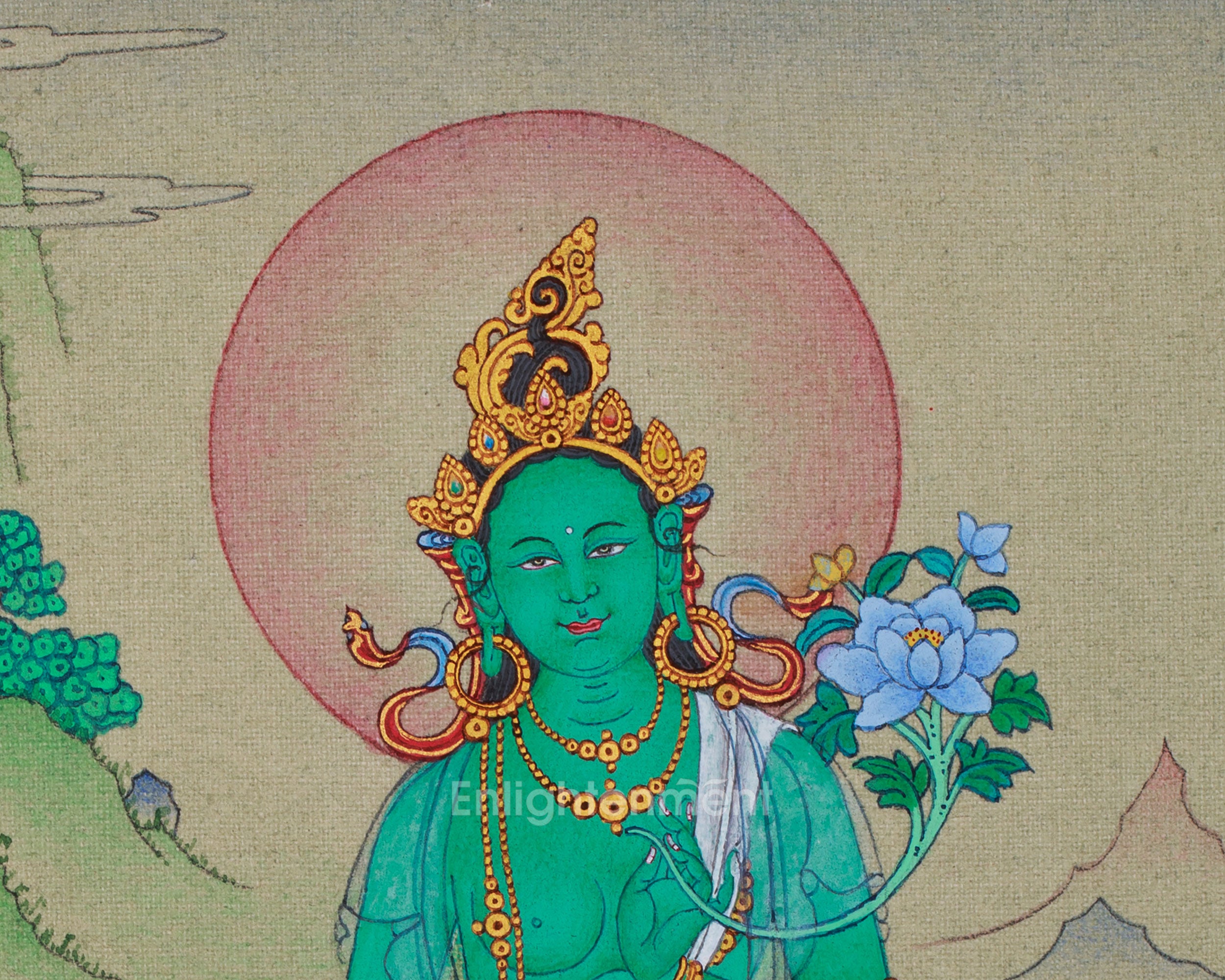 Green Tara: Small but Detailed Thangka in Lhasa Stone Colors