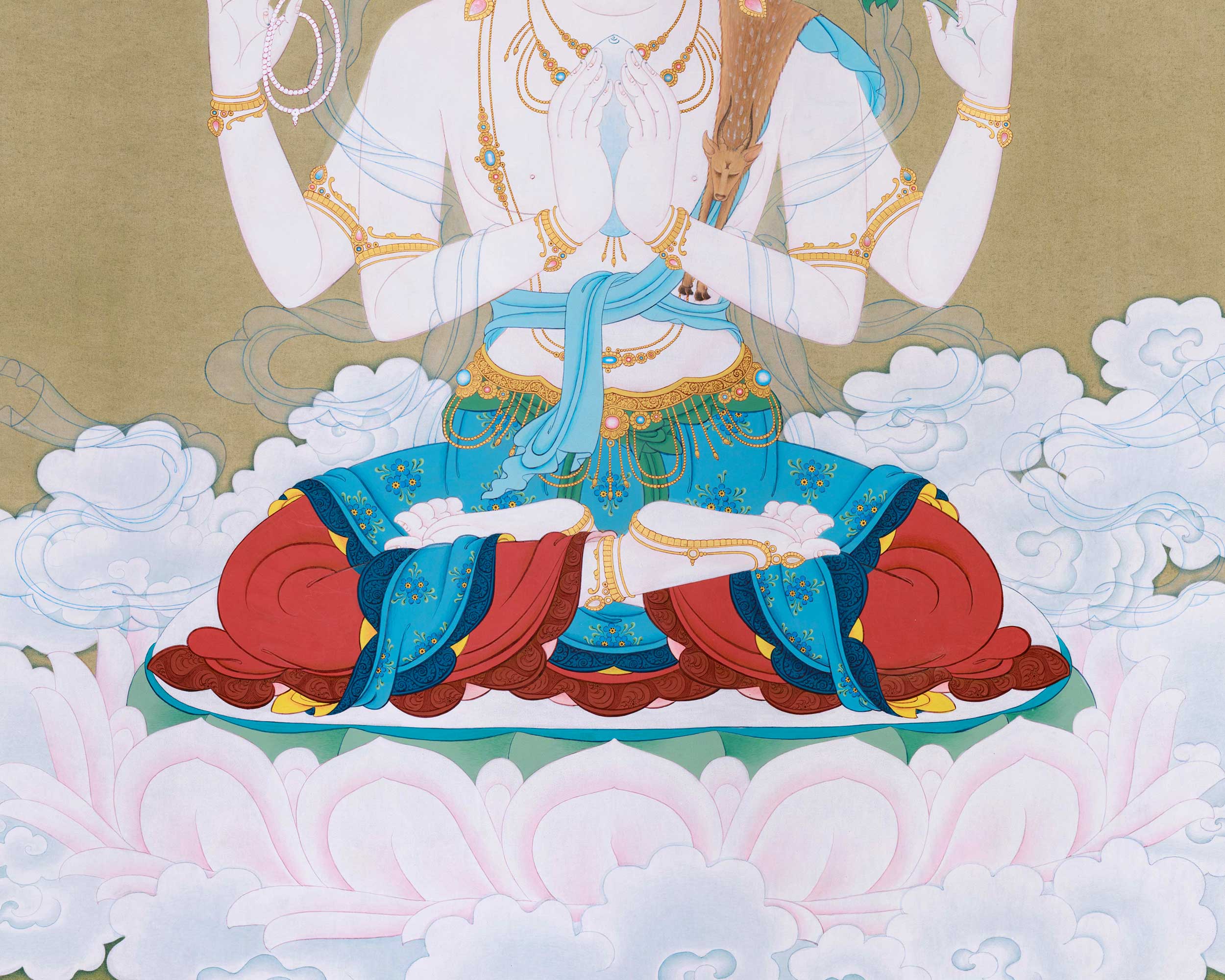 Chenrezig Healing Compassion Hand painted Thangka, Minimalistic Compostion