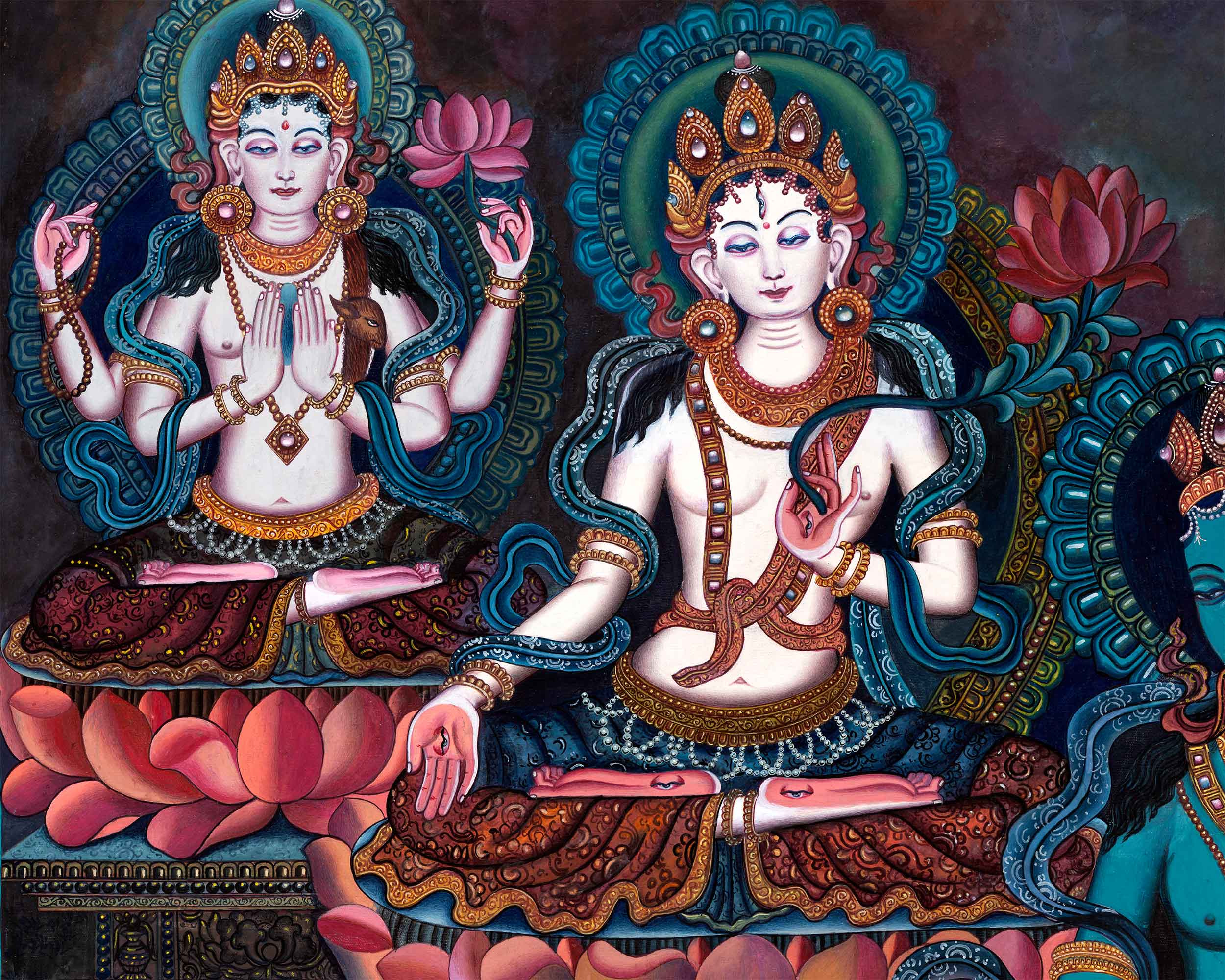 Newari Print Of Green Tara and White Tara With Chenrezig | Highly-Revered Deities Of Buddhism