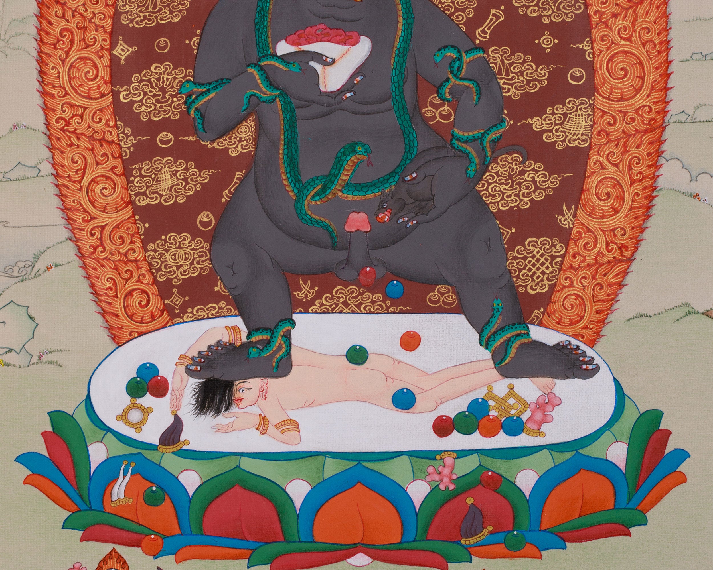 Tibetan Black Dzambhala Thangka | The Divine Guardian of Abundance and Spiritual Growth