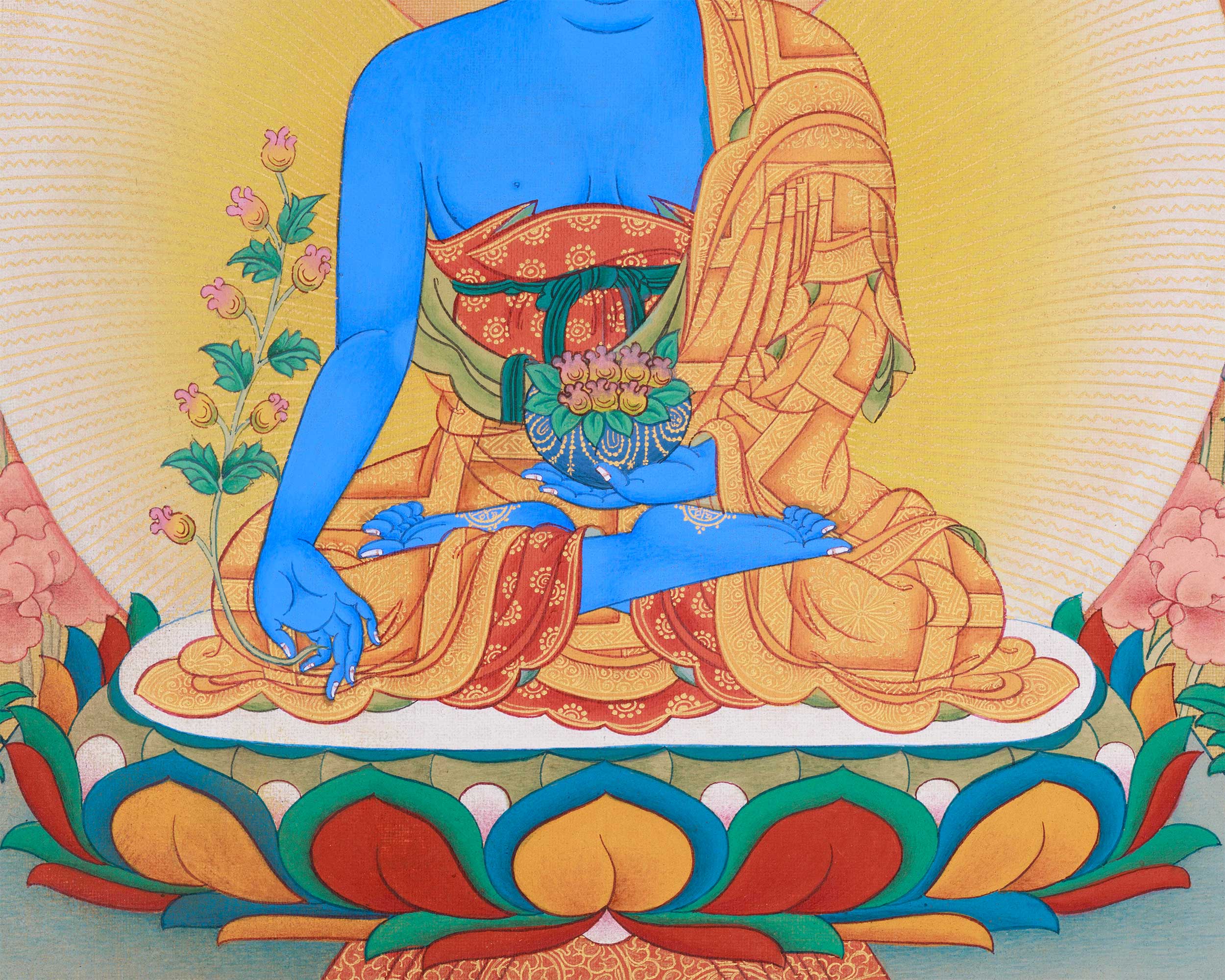 Exquisite 8 Medicine Buddha Thangka | Healing Deities Artwork with Gold & Natural Colors