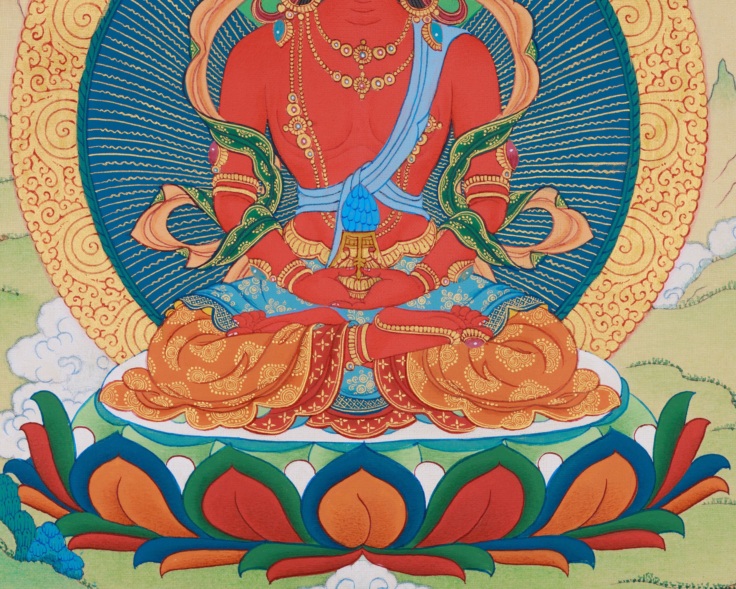Radiant Red Buddha Amitayus Thangka | Enlightened One Bestowing Longevity & Peace