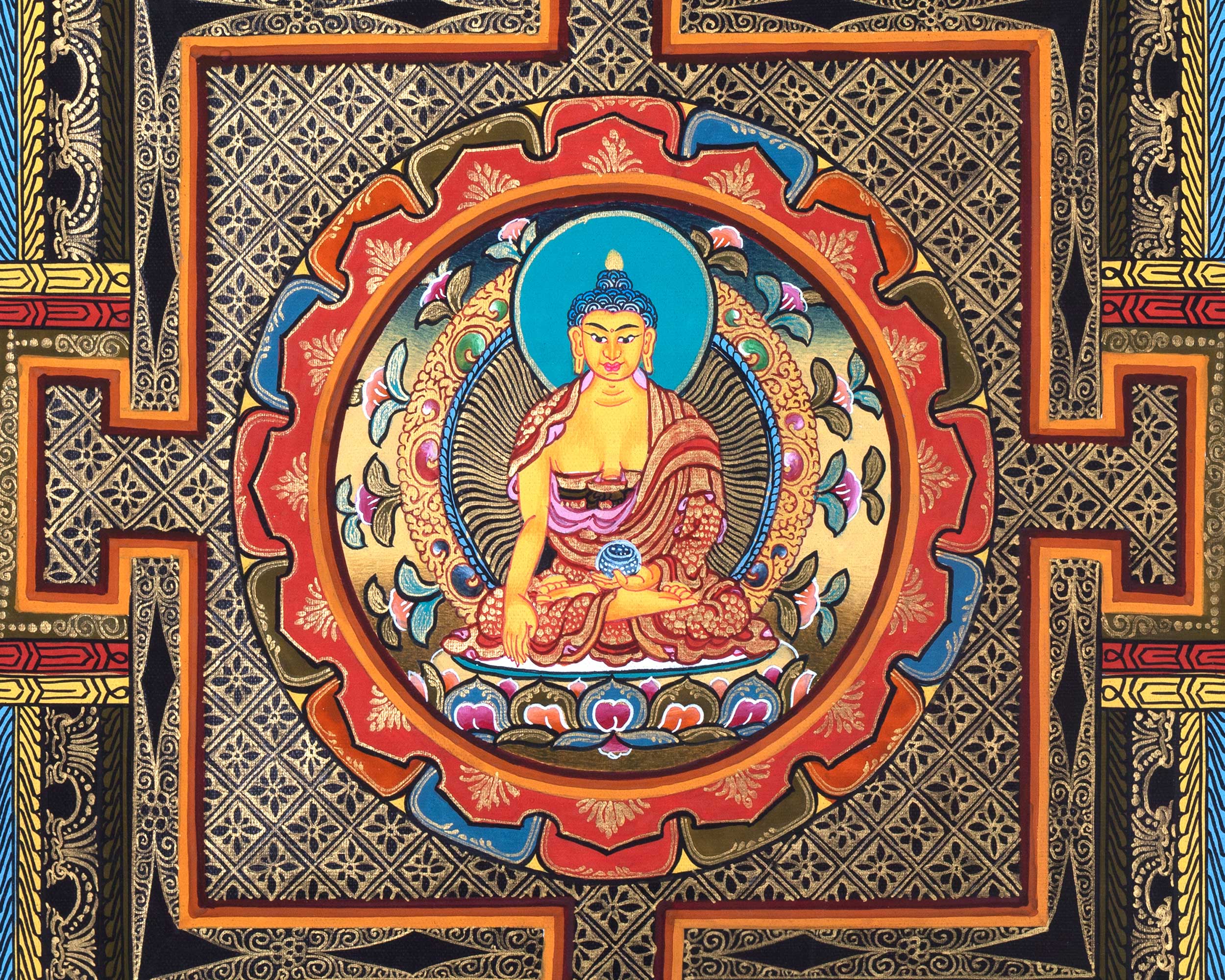 Buddha Shakyamuni Mandala Thangka Painting | Himalayan Buddhist Art of Buddha On Lotus Throne | 24 K Gold Work On Black Base Color