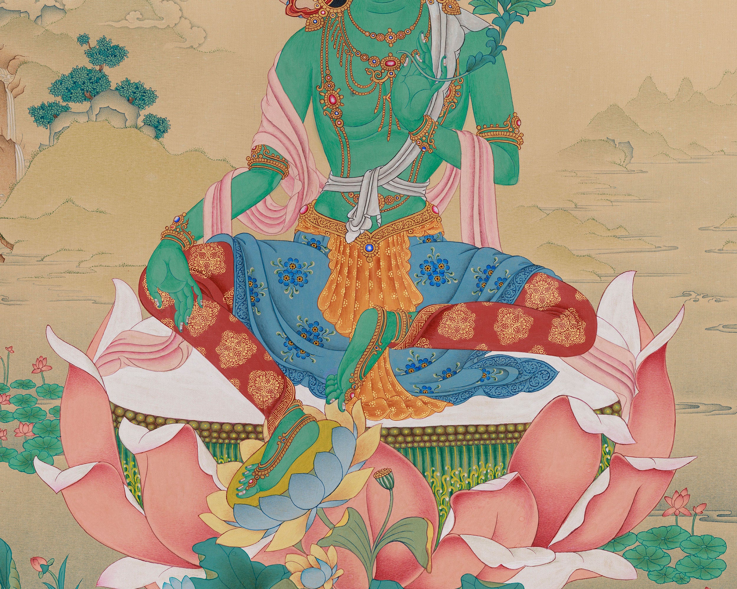 Beautiful Tibetan Female Buddha Green Tara Thangka | The Compassionate Savior of the Universe